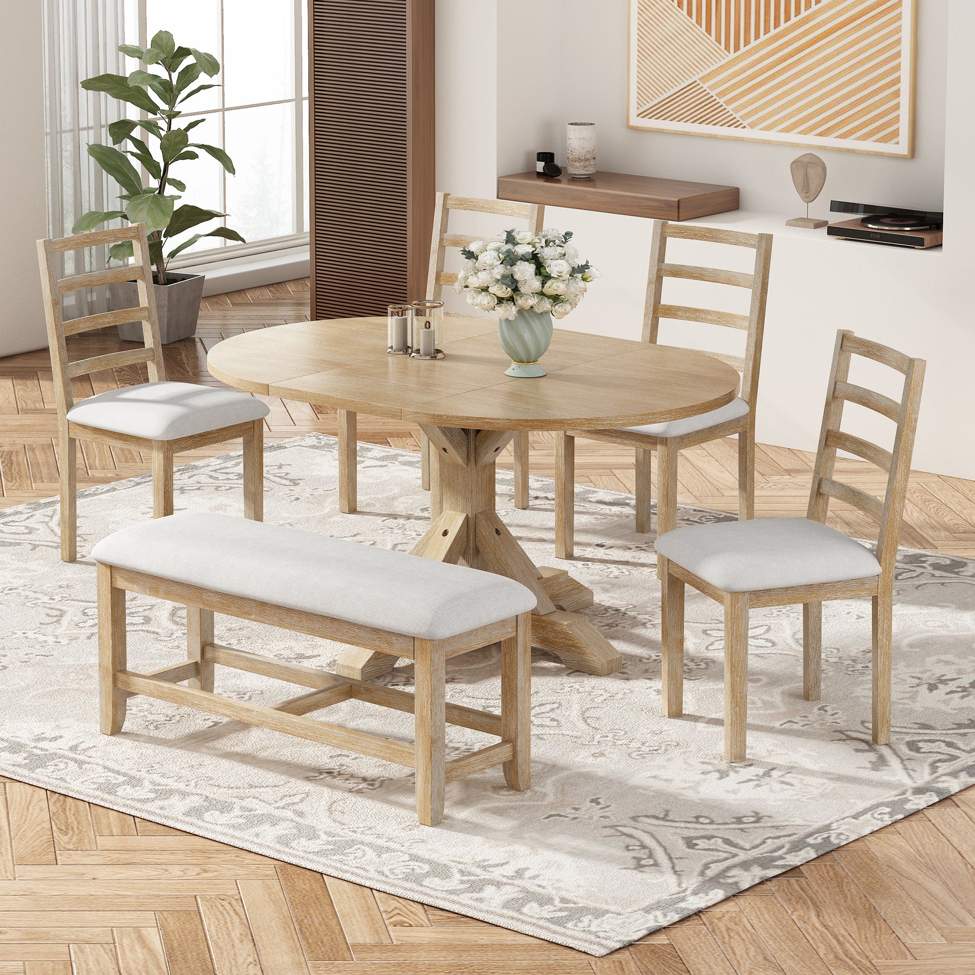 Farmhouse 6 Piece 60Inch Extendable Pedestal Dining Table Set With 18Inch Removable Leaf, 44Inch Bench And 4 Ladder Back Dining Chairs, Natural Wood Dining Room Solid Wood Rubberwood Oval Dining Table With Bench Wood Wood Natural Ladder Back Seats 6 60