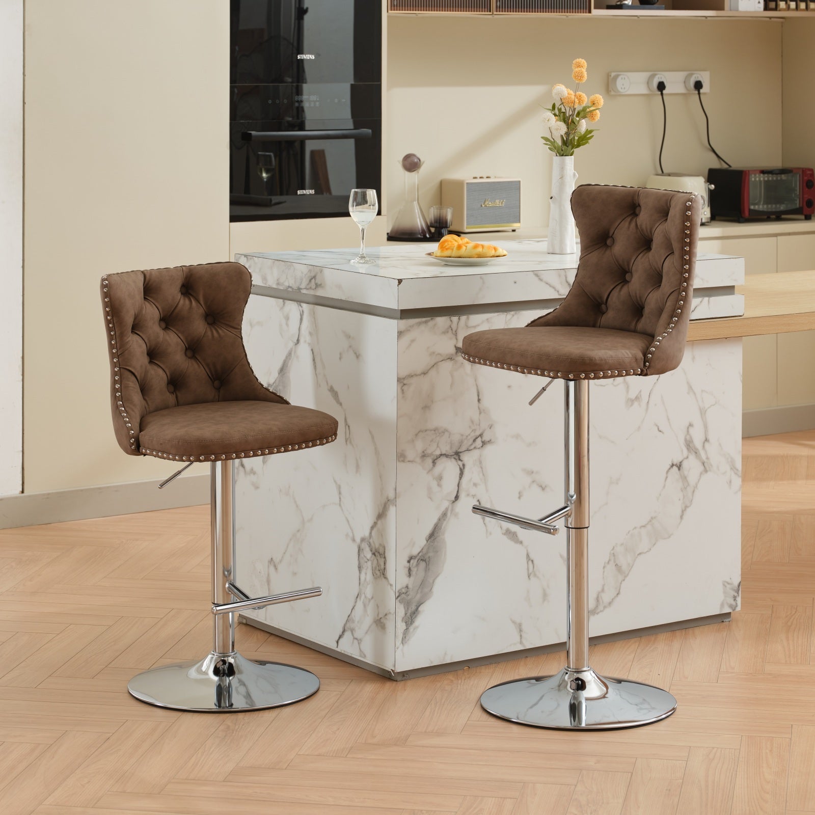 Swivel Pu Leather Barstools Adjusatble Seat Height From 25 33 Inch, Chrome Base Bar Stools With Backs Comfortable Tufted For Home Pub And Kitchen Island, Beige,Set Of 2,1512Br Brown Dining Room American Design Bar Stools Wing Back Set Of 2 Foam Pu