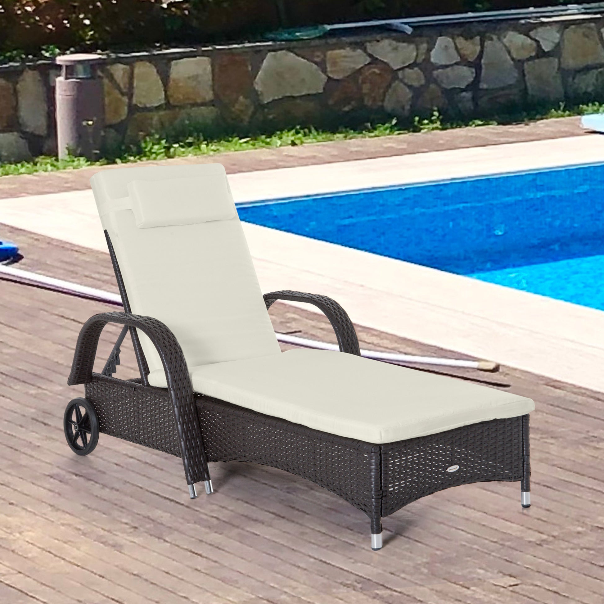 Outsunny Wicker Outdoor Chaise Lounge, 5 Level Adjustable Backrest Pe Rattan Pool Lounge Chair With Wheels, Cushion & Headrest, Dark Coffee And Cream White Colorful Rattan