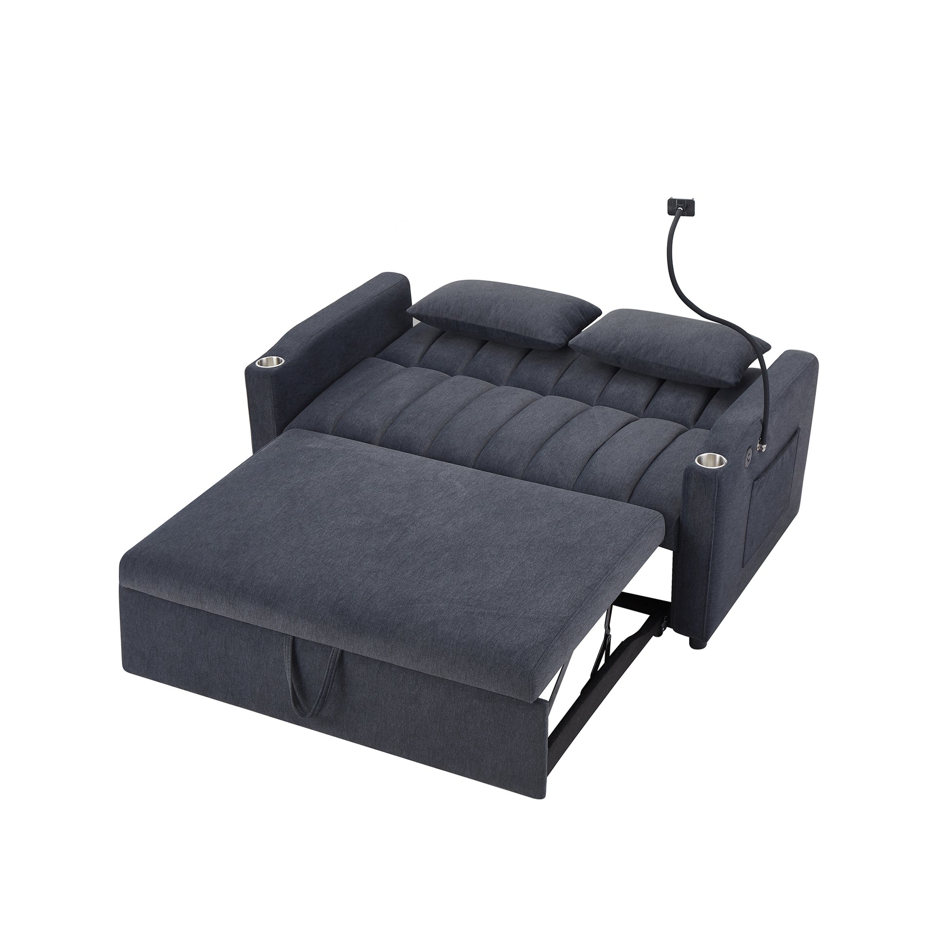 55.9" Convertible Sofa Bed Loveseat Sofa With Three Usb Ports, Two Side Pockets, Two Cup Holders And 360 Swivel Phone Holder For Living Room, Blue Grey Blue Gray Foam Polyester