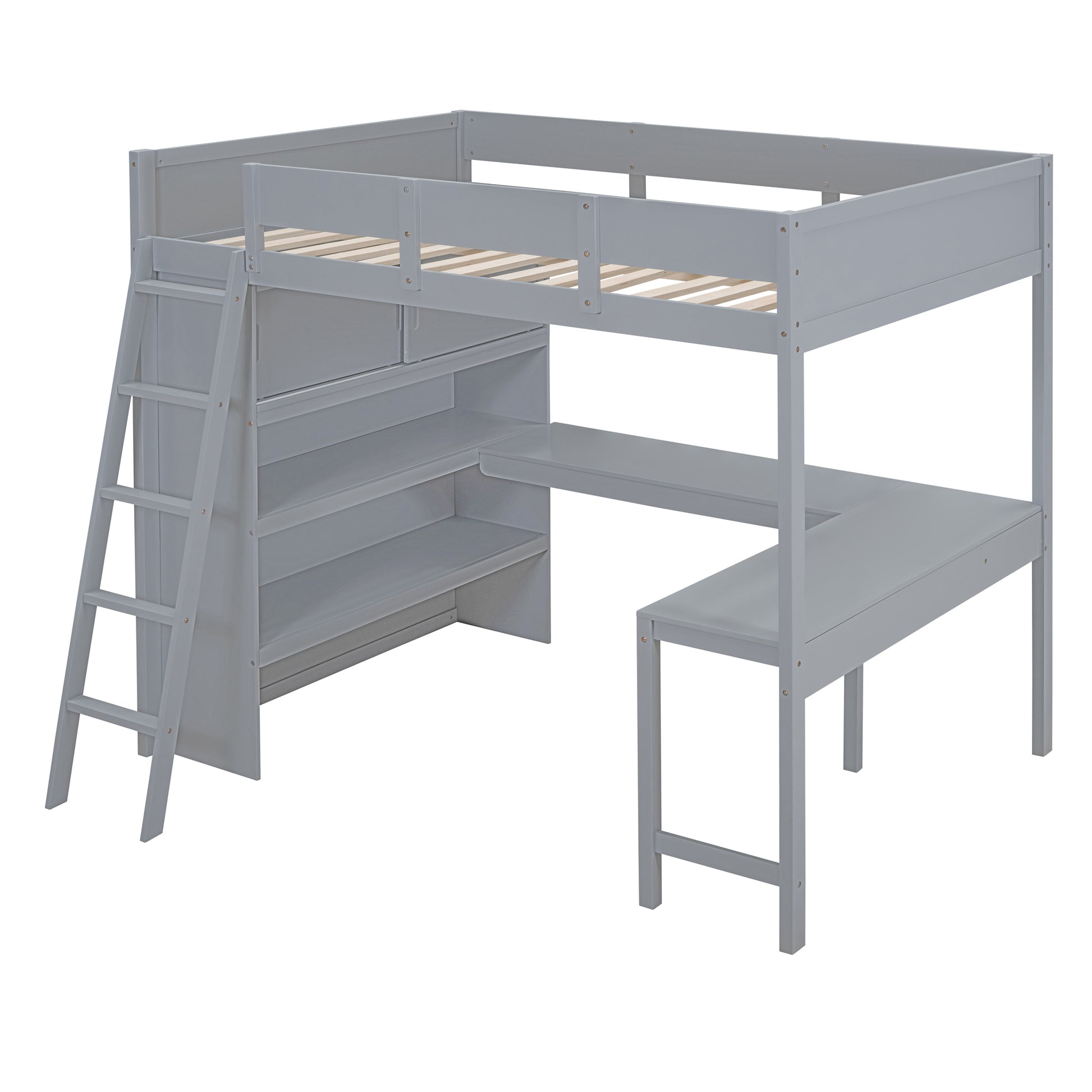 Full Size Loft Bed With Desk And Shelf Gray Full Gray Solid Wood