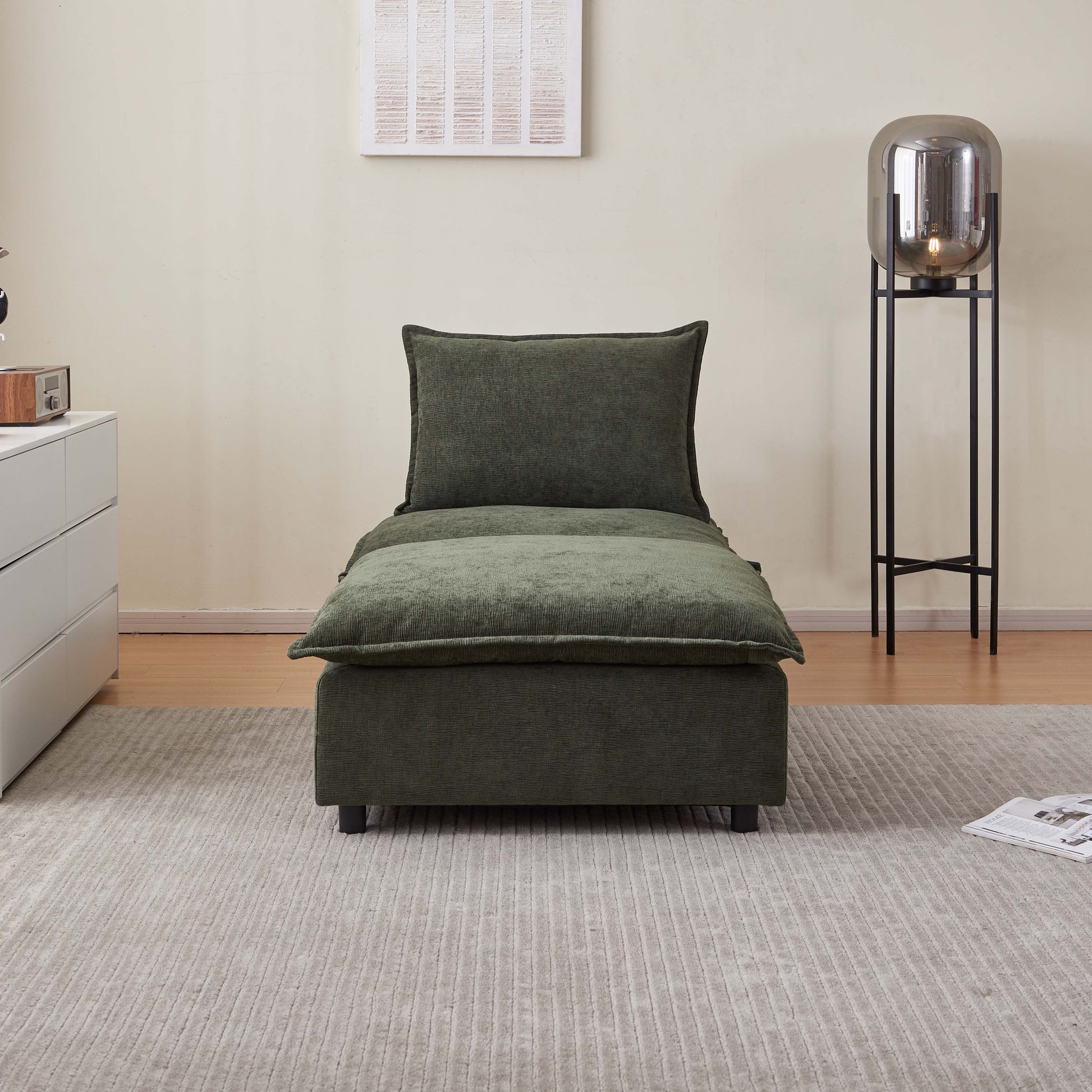 Modern Armless Accent Chair, Single Sofa Couch With Ottoman Compact Design, Space Saving Seating For Living Room, Bedroom, Apartment, Office Green Wood Medium Soft Foam Chenille 1 Seat