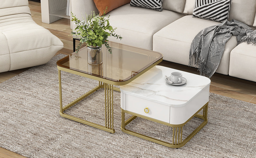 Nesting Coffee Table With Drawer, Set Of 2, Exquisite Square Stacking Coffee Tables With Brown Tempered Glass, Side Table With High Gloss Marble Grain Tabletop For Living Room, White White Gold Primary Living Space Drawers Square Mdf Steel