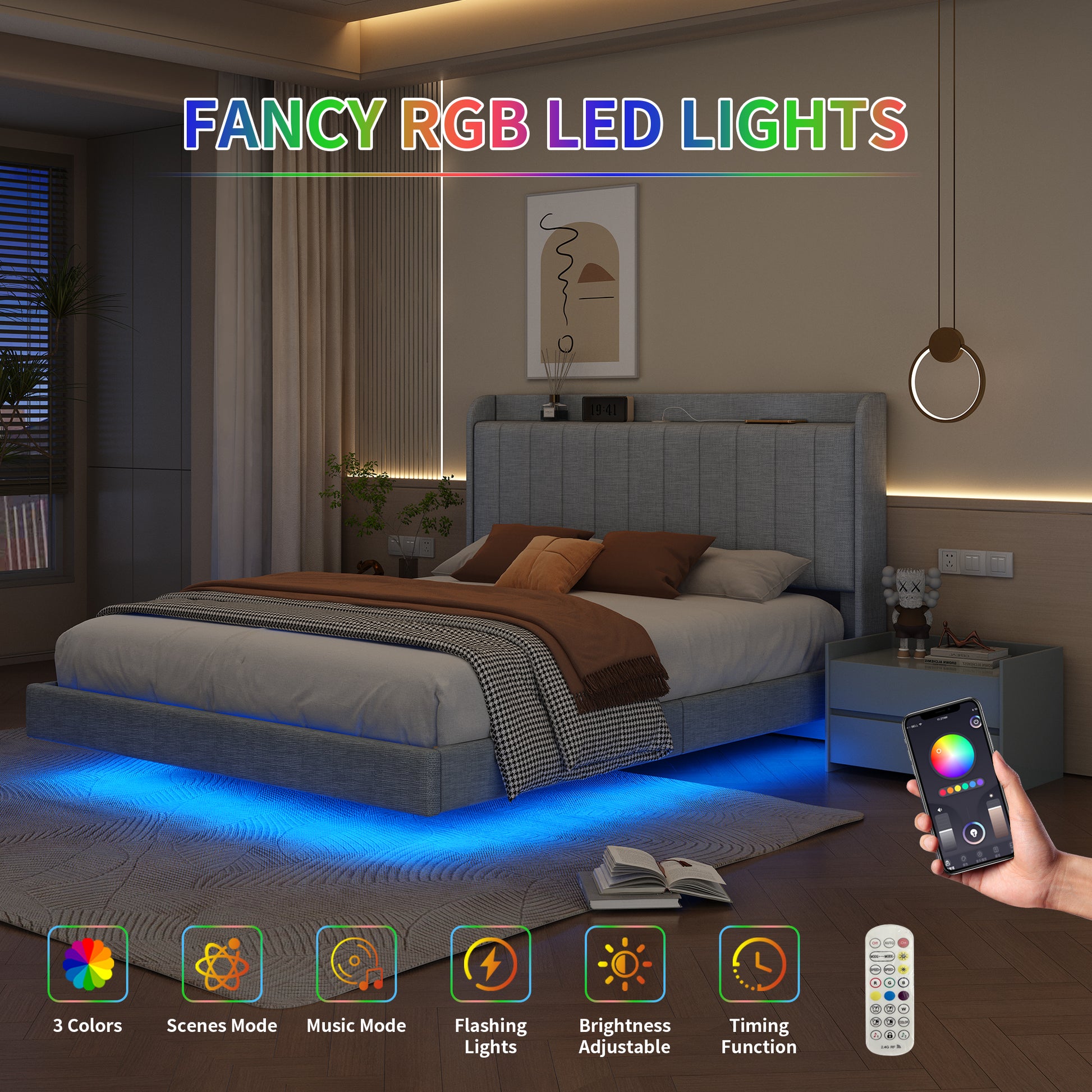 Queen Size Floating Bed Frame,With Remote Control Led Lights With Appwood Platform Light Grey Queen Light Grey Fabric Metal