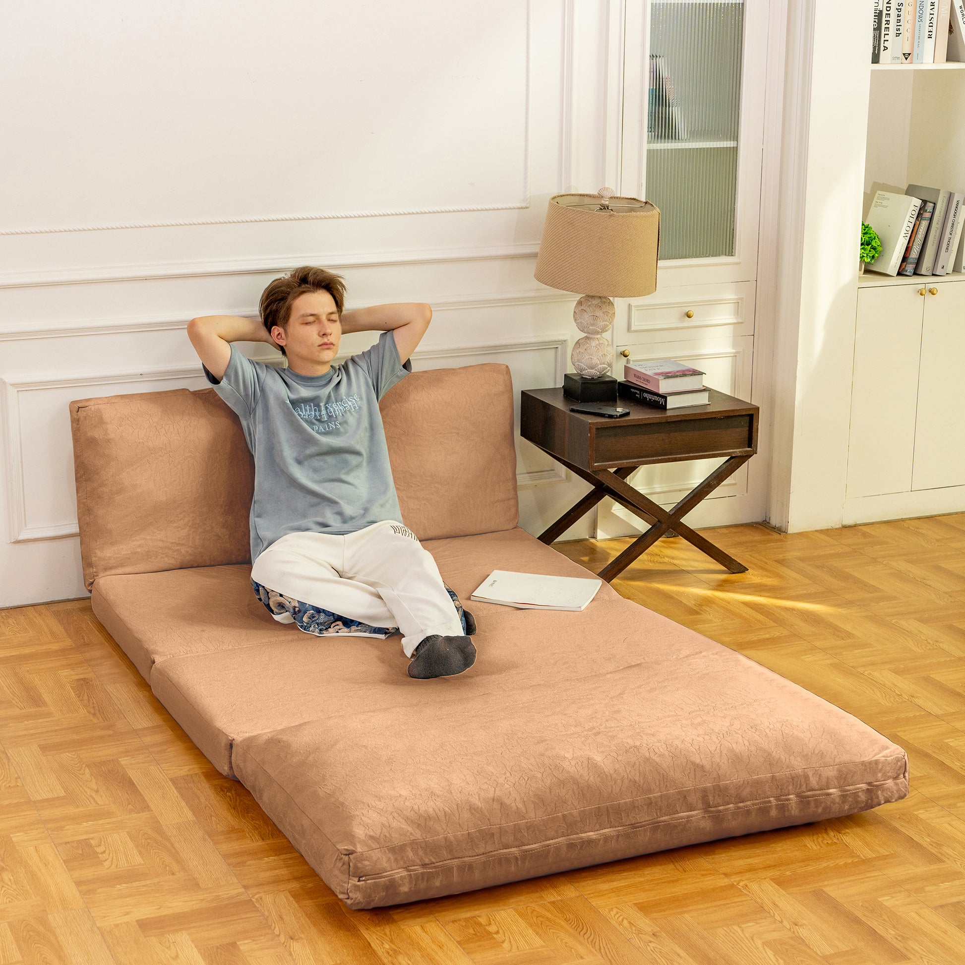 Large Folding Matress Sofa Bean Bag Bed, Foam Filling Folding Matress Sofa, Includes Removable And Machine Washable Cover, Soft Premium Faux Fur Brown Soft Casual,Modern Foam Velvet