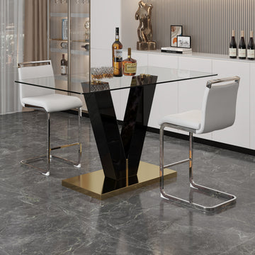 Table And Chair Set. A Rectangular Glass Dining Table With A 0.4 Inch Tempered Glass Tabletop And Mdf Board V Shaped Bracket, Paired With 2 Chairs Consisting Of Pu Seat Cushions And Silver Metal Legs. White Black Seats 2 Tempered Glass