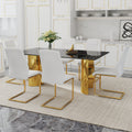 Table And Chair Set.The Table Has A Glass Tabletop With Imitation Marble Pattern Stickers And Stainless Steel Golden Table Legs. Paried With Comfortable Chairs With Pu Seats And Metal Legs. Gold Black Seats 6 Glass Metal