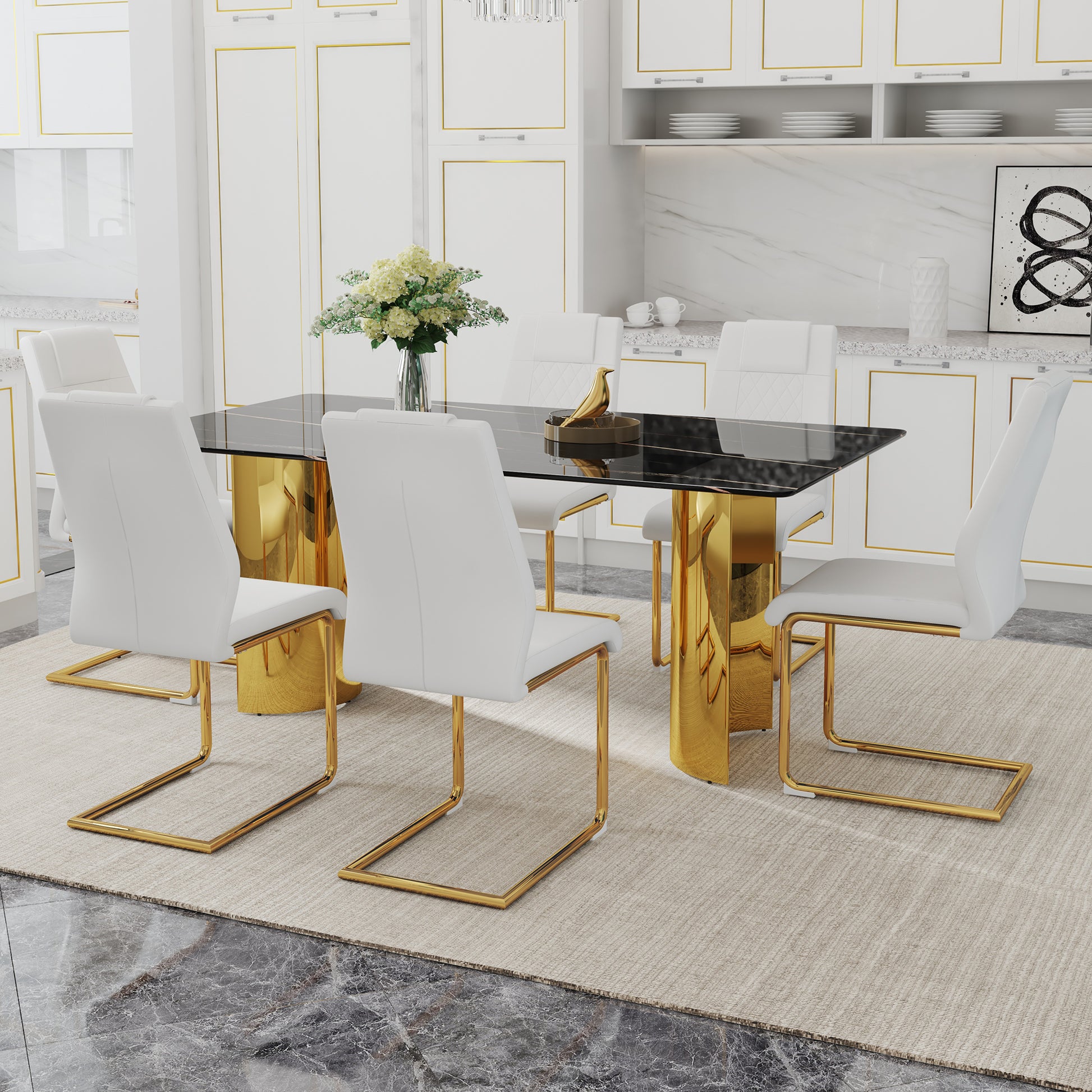 Table And Chair Set.The Table Has A Glass Tabletop With Imitation Marble Pattern Stickers And Stainless Steel Golden Table Legs. Paried With Comfortable Chairs With Pu Seats And Metal Legs. Gold Black Seats 6 Glass Metal