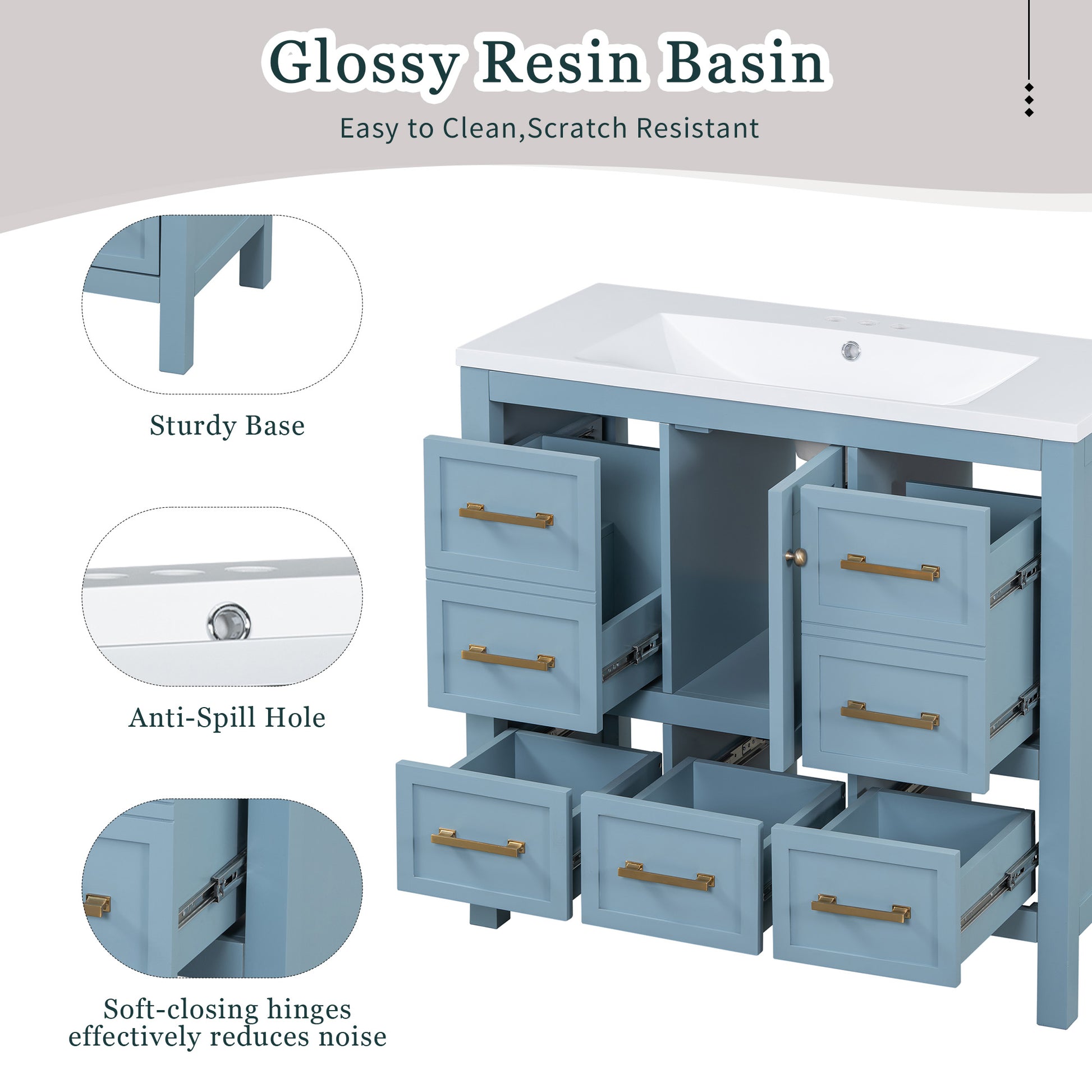 36'' Bathroom Vanity With Resin Sink Combo, Solid Wood Frame Bathroom Storage Cabinet, Freestanding Vanity Set With 5 Drawers& Soft Closing Doors Same As Sw000142Aam Blue Bathroom Solid Wood Mdf Resin