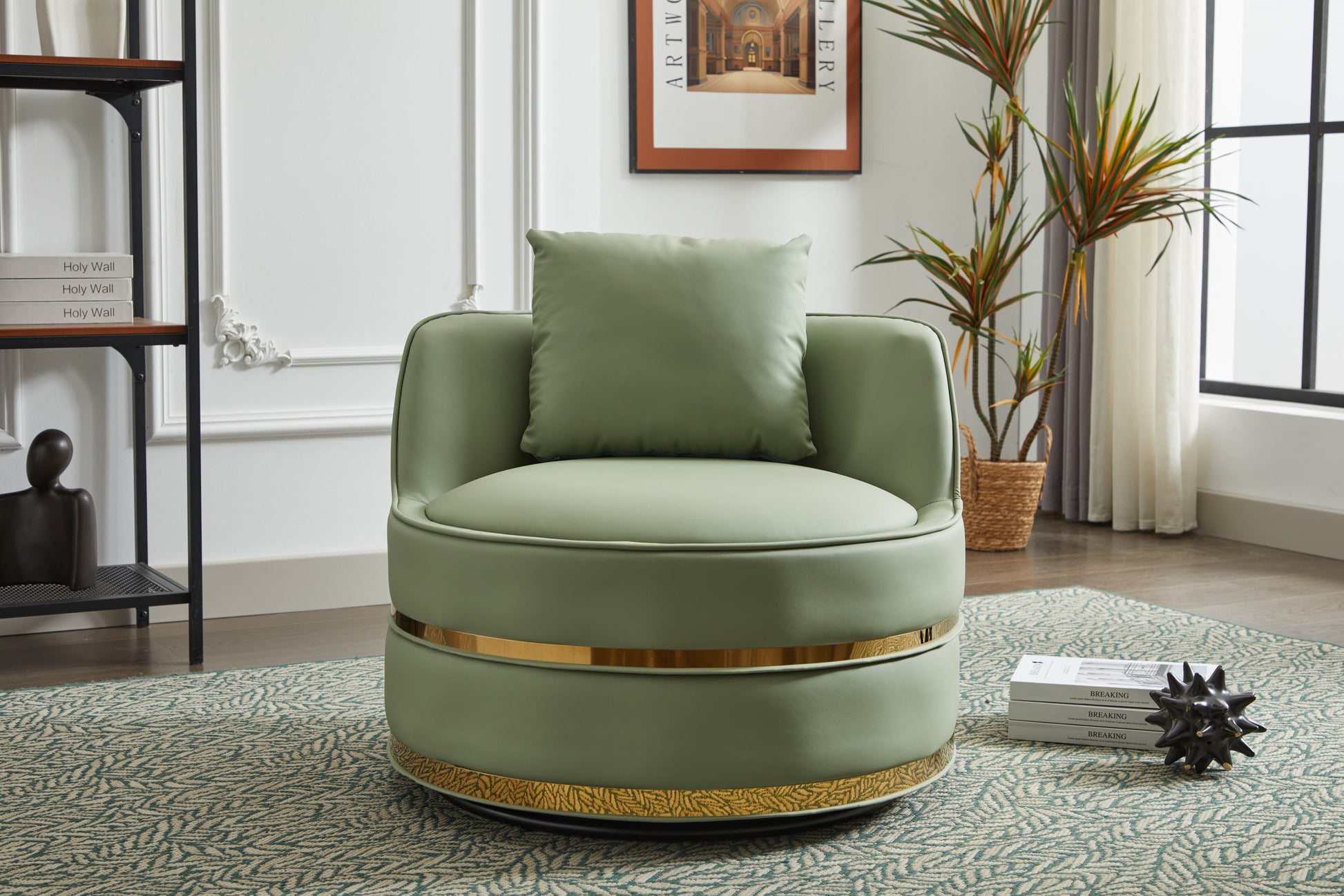 Swivel Chair, 360 Swivel Accent Chair, Barrel Chair For Living Room Bedroom Green Faux Leather