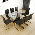 Modern Style Glass Dining Table, Elegant Transparent Design, Solid Support Base, Black Dining Chair Set, Gold Plated Chair Legs, Suitable For Restaurant Kitchen Use Set Of 9 Metal Glass Black Gold Mdf Metal