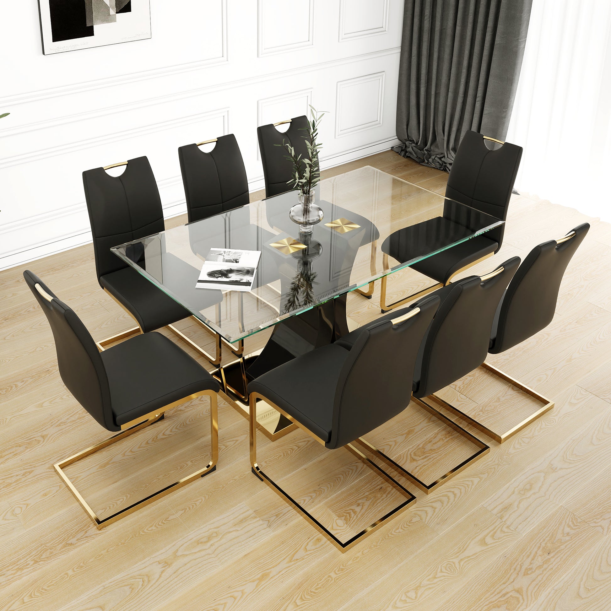 Modern Style Glass Dining Table, Elegant Transparent Design, Solid Support Base, Black Dining Chair Set, Gold Plated Chair Legs, Suitable For Restaurant Kitchen Use Set Of 9 Metal Glass Black Gold Mdf Metal