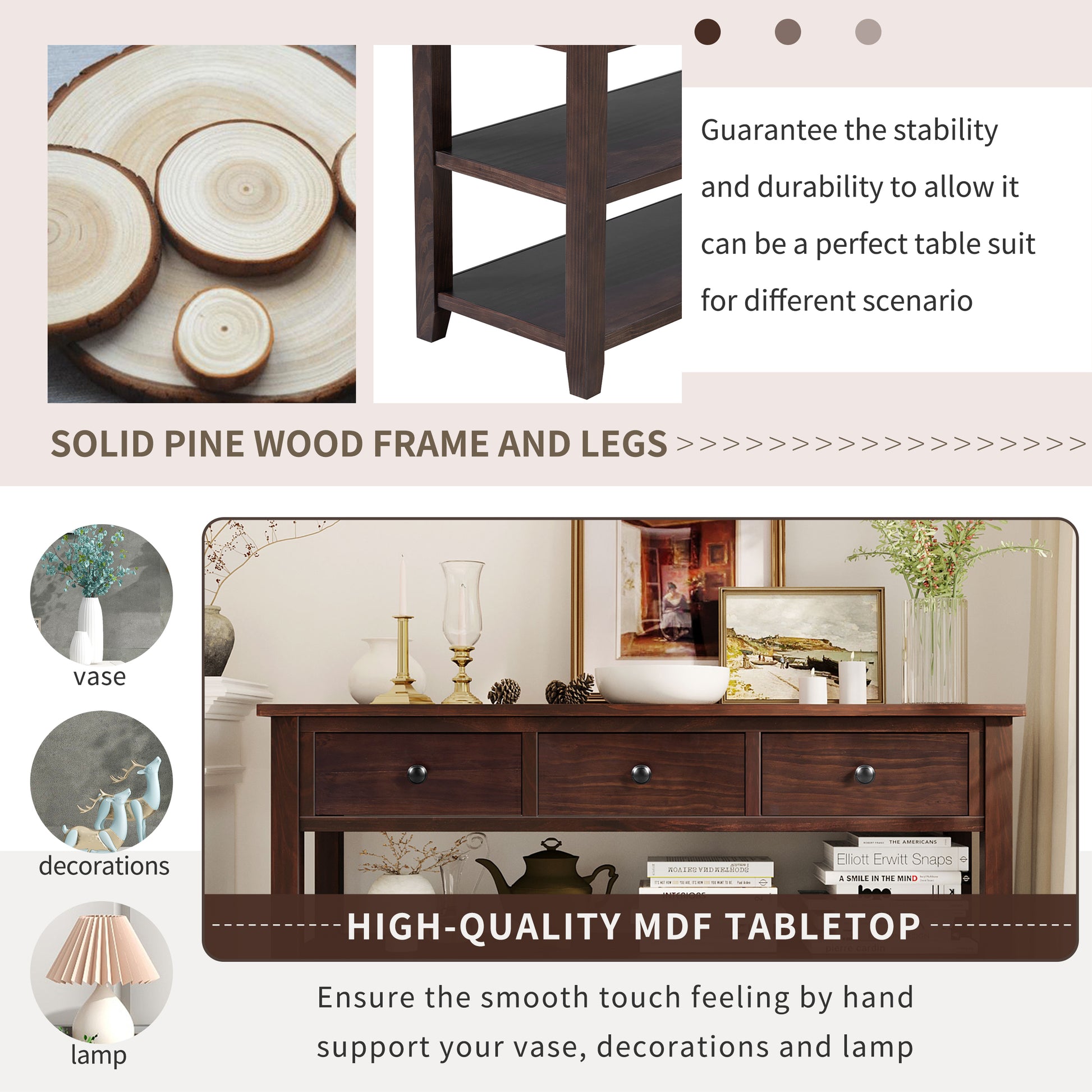 Retro Design Console Table With Two Open Shelves, Pine Solid Wood Frame And Legs For Living Room Espresso Espresso Solid Wood Mdf