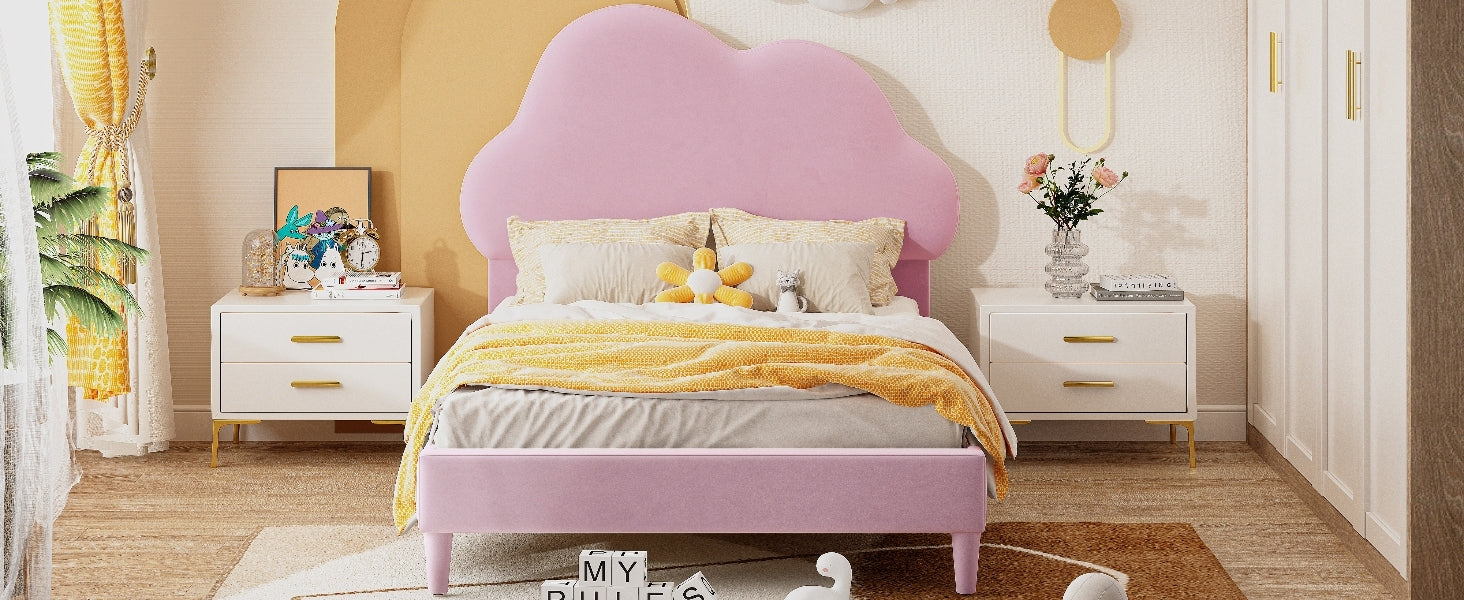 Twin Size Upholstered Cloud Shape Bed ,Velvet Platform Bed With Headboard,No Box Spring Needed,Pink Twin Pink Velvet