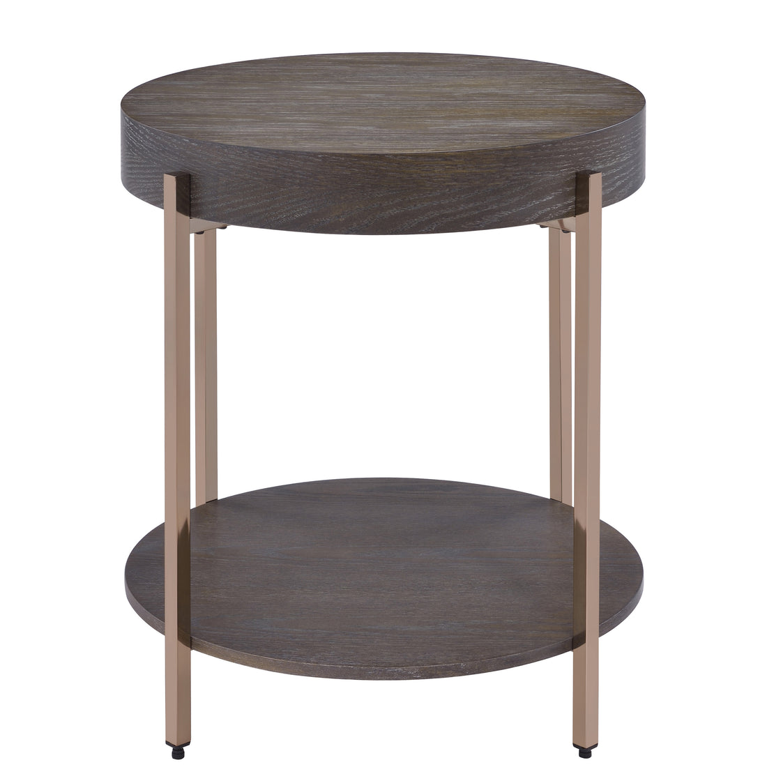 Dark Oak And Champagne 1 Shelf End Table Light Brown Primary Living Space Drawers Round Wood Metal