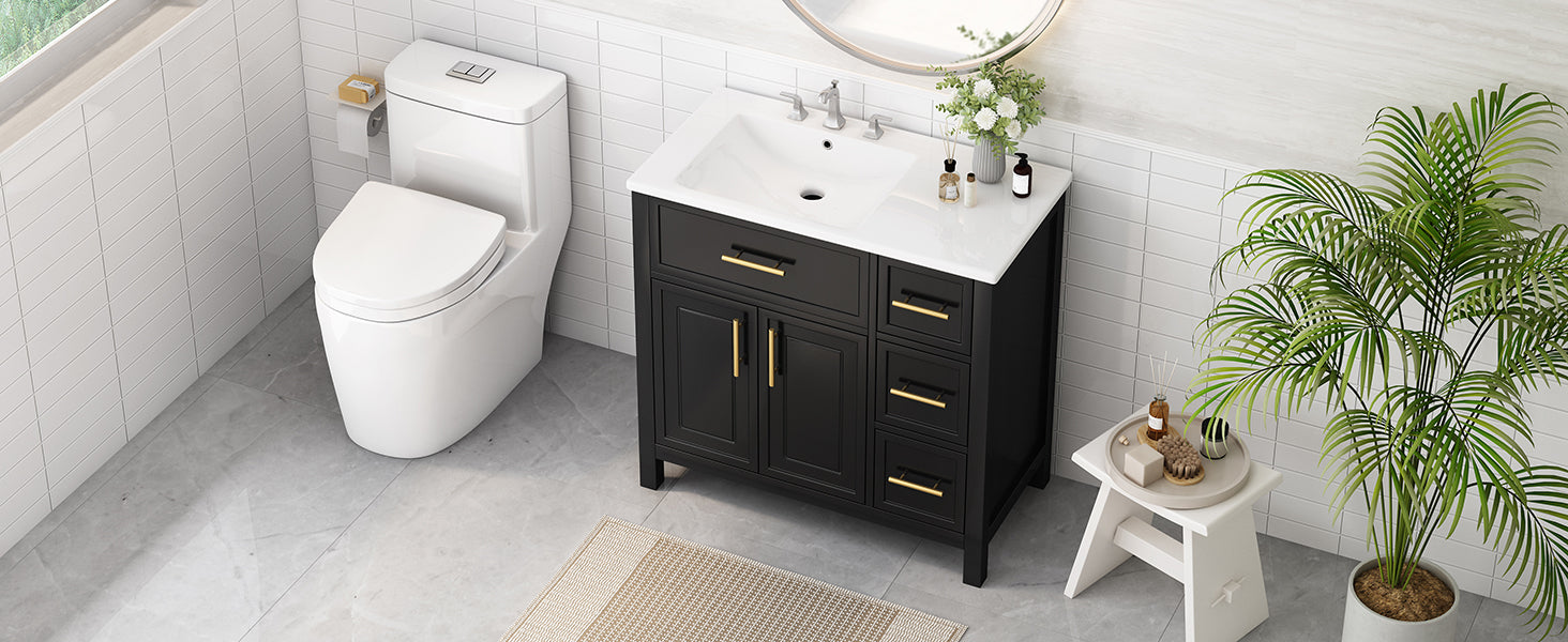 36" Bathroom Vanity With Sink Top, Bathroom Vanity Cabinet With Two Doors And Three Drawers, Solid Woodmdf Boards ,One Package, Black Black Solid Wood Mdf