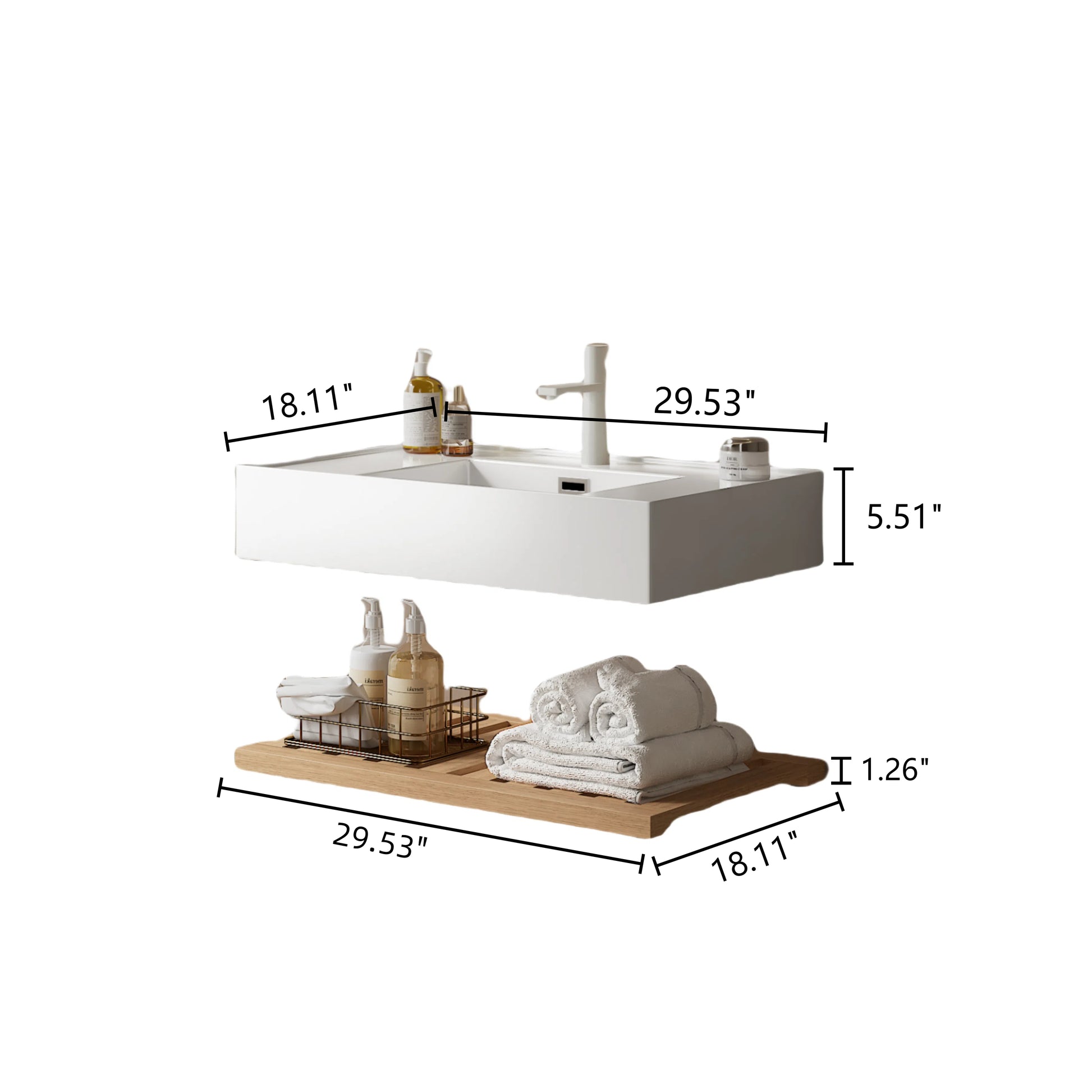 Lede 30" Bathroom Vanity With Vessel Sink, Wall Mounted Floating White Rectangular Acrylic Integrated Basin Without Faucet, Striped Shelves Layer, Natural Wood Natural Wood,White Bathroom