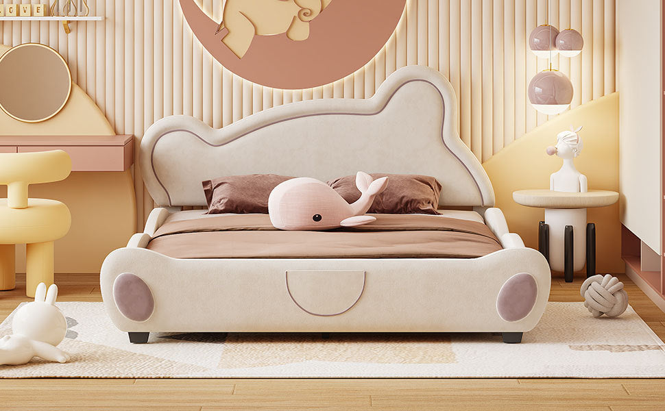 Queen Size Velvet Platform Bed With Bear Shaped Headboard, With Bed End Storage Pocket, Beige Queen Beige Plywood