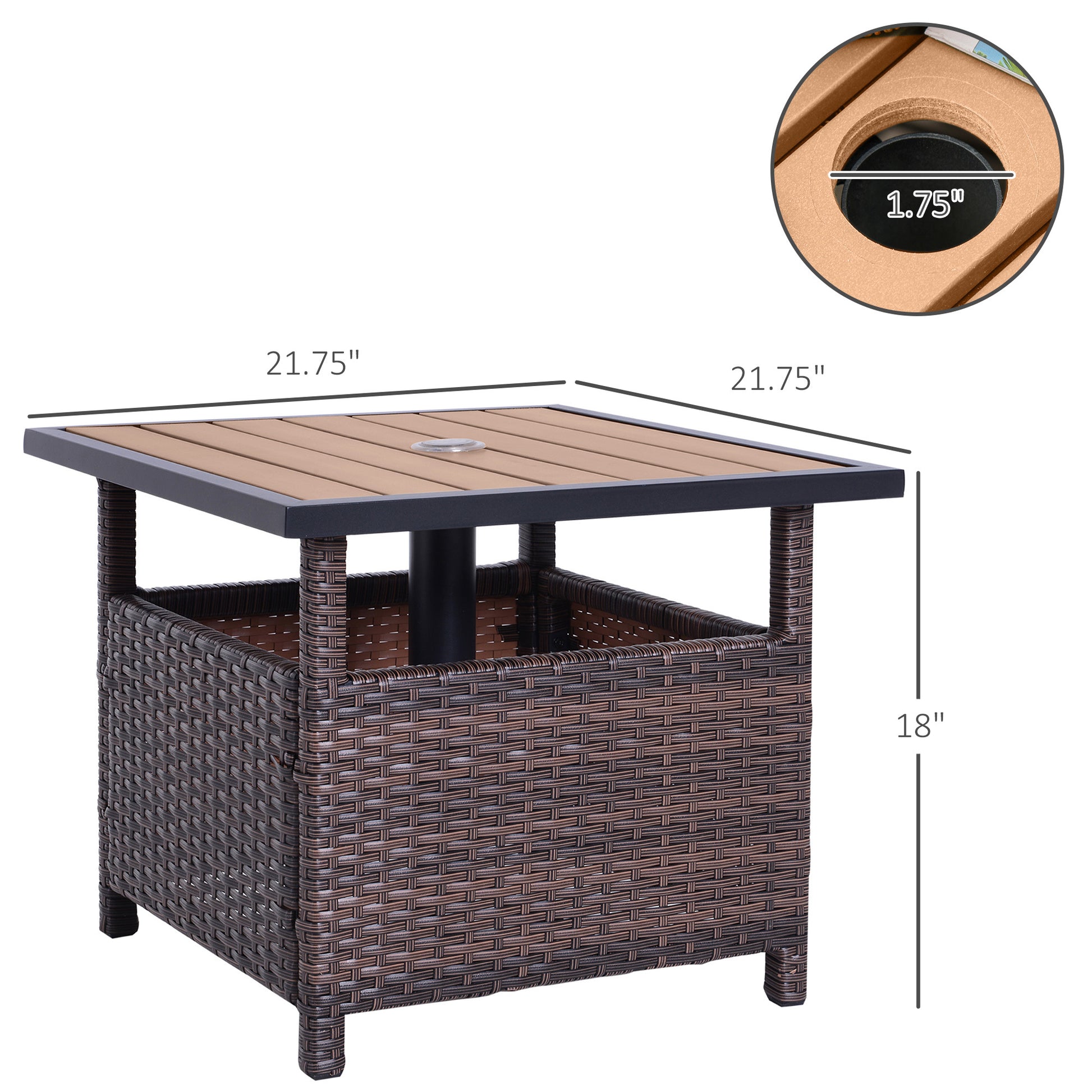 Outsunny 22'' Rattan Wicker Side Table With Steel Frame, Umbrella Insert Hole, Sand Bag For Outdoor, Patio, Garden, Backyard, Brown Brown Rattan