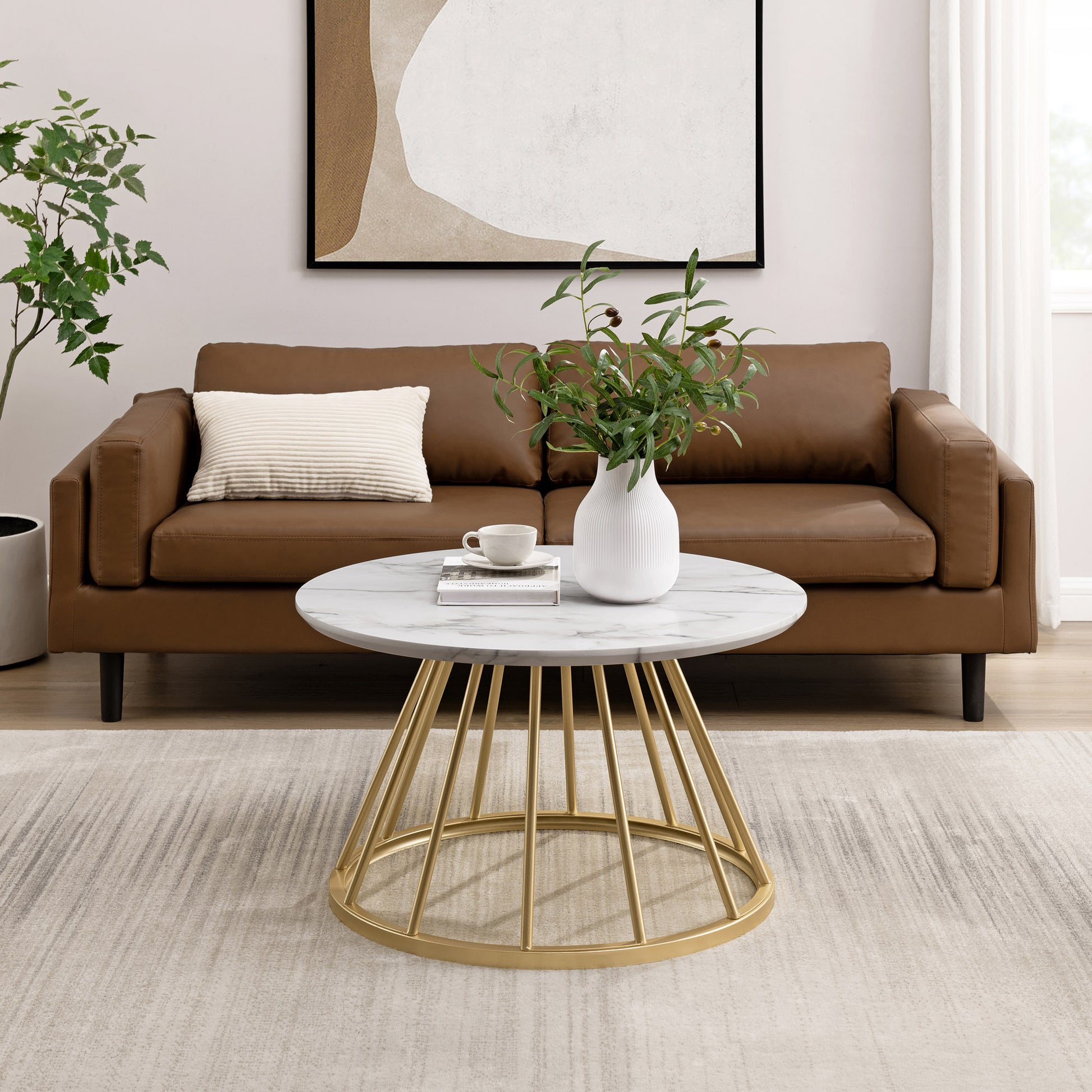 Modern Round Coffee Table With Metal Base White Marble Gold White Marble Mdf Mdf