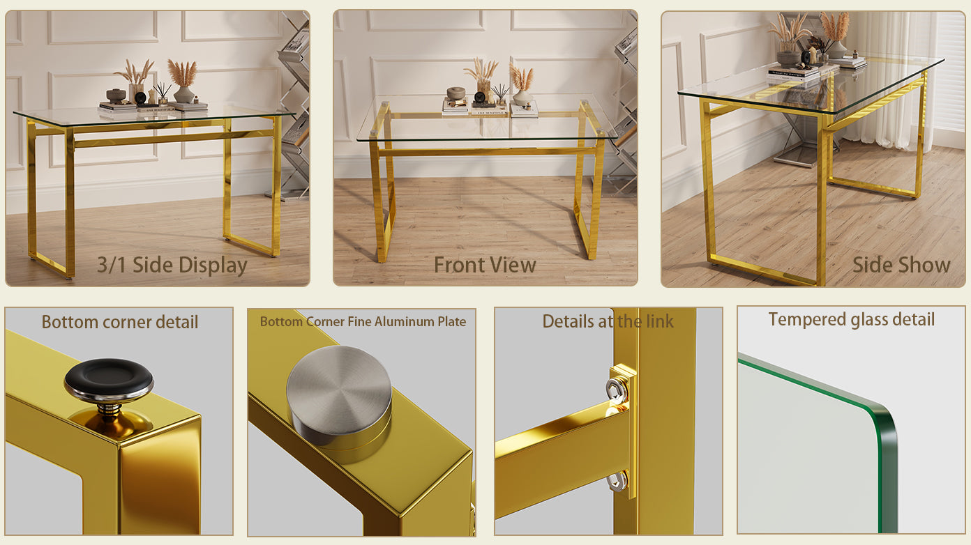 Modern Minimalist Rectangular Glass Dining Table For 4 6 With 0.31" Tempered Glass Tabletop And Golden Chrome Metal Legs, Writing Table Desk, For Kitchen Dining Living Room, 51" W X 27"D X 30" H Transparent Glass Glass