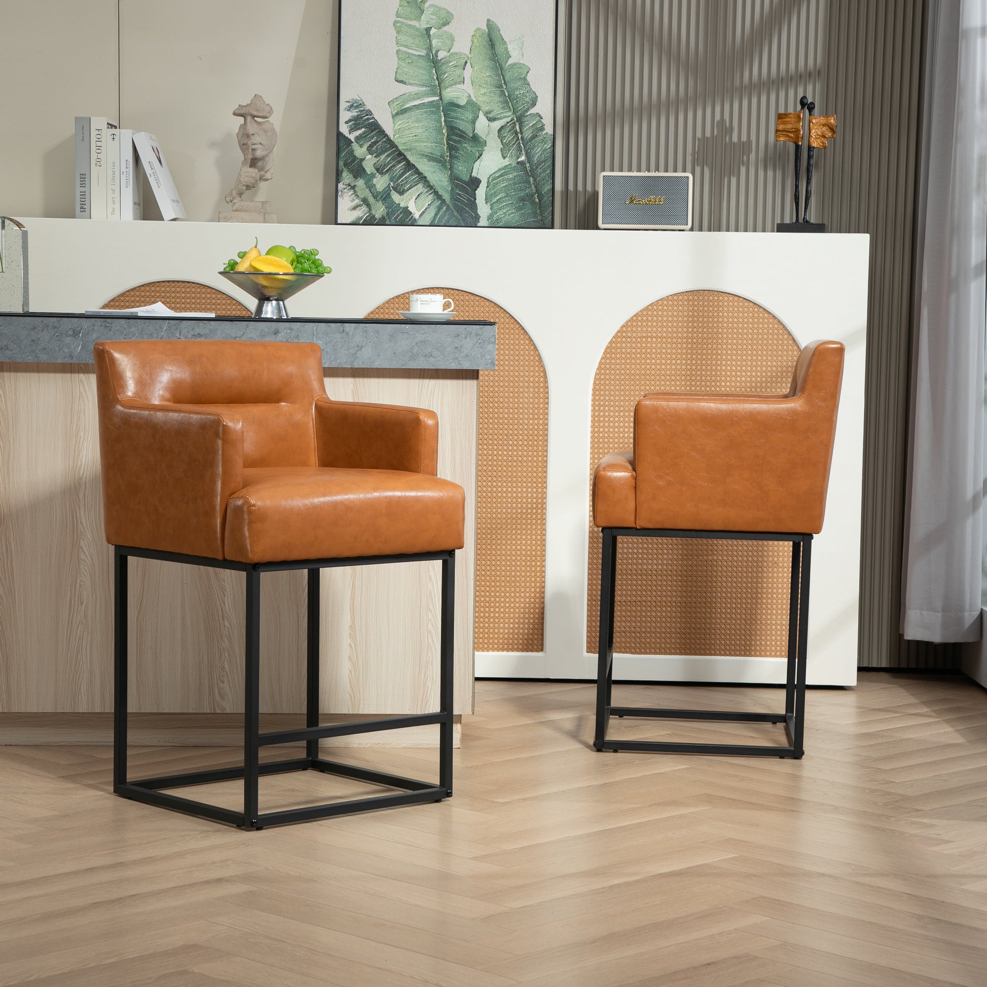 Coolmore Counter Height Bar Stools Set Of 2, Modern Barrel Bar Stool With Backrest And Arms, Black Metal Frames, Upholstered Bar Stools For Kitchen Island, Pub, Club Light Brown Foam Pu Leather