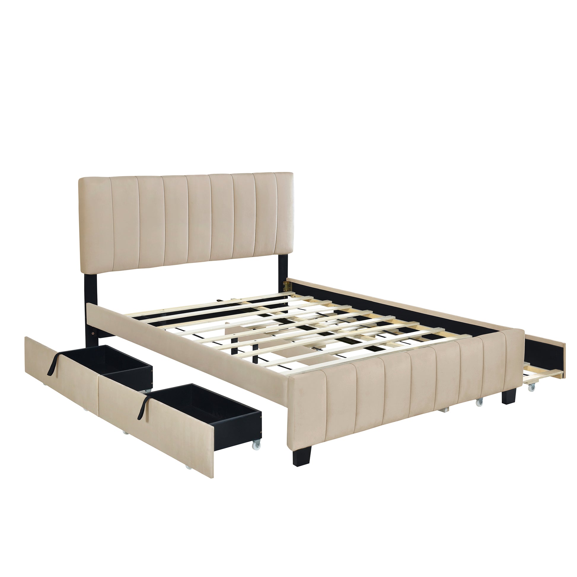 Queen Size Velvet Upholstered Platform Bed With 2 Drawers And 1 Twin Xl Trundle Beige Queen Beige Upholstered