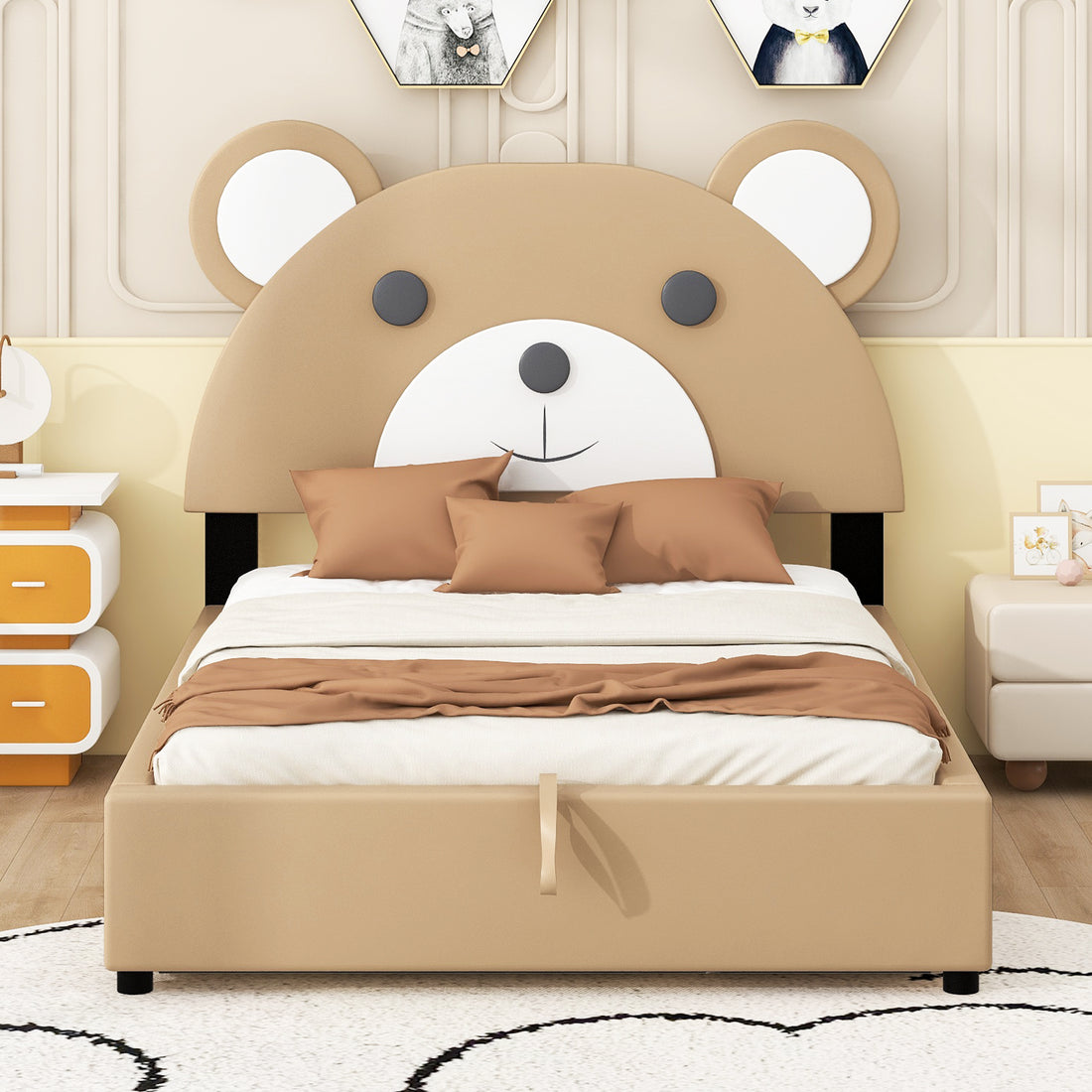 Full Size Upholstery Platform Bed Frame With Cute Bear Shaped Headboard And Two Storage Drawers,Brown Full Brown Solid Wood Mdf