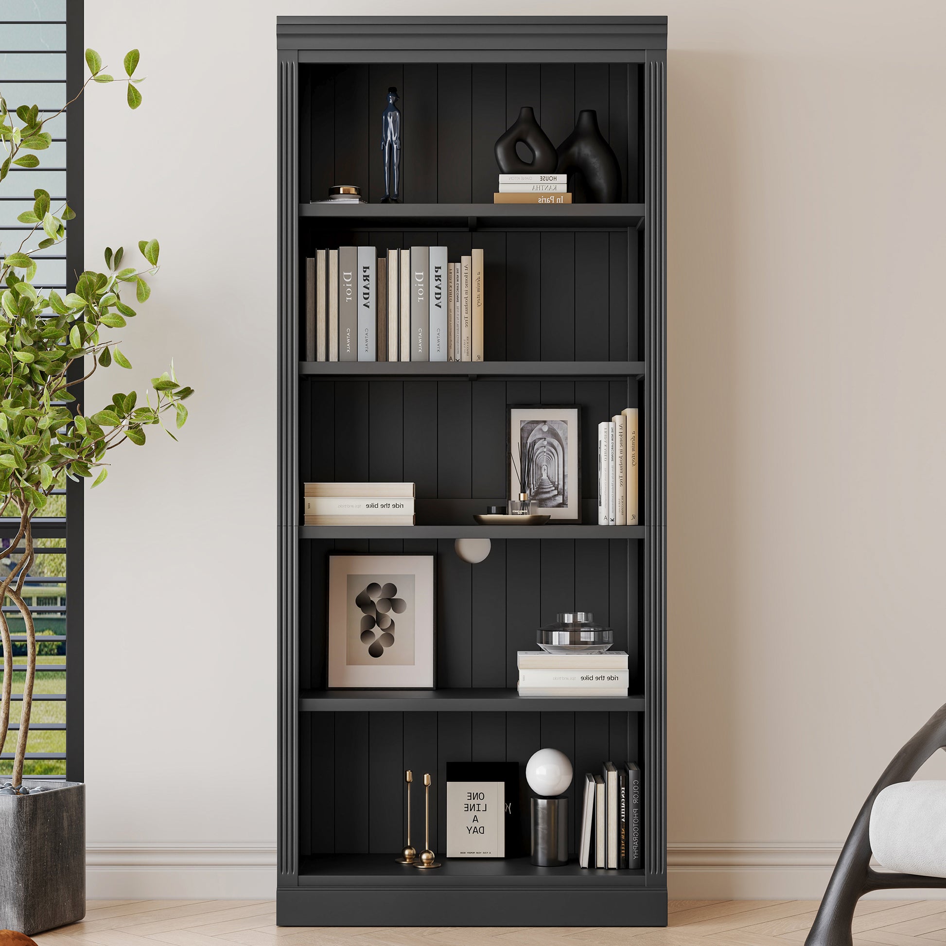 83.4" Tall Wood Bookcase With Light Strip,5 Tier Decor Bookshelves With Adjustable Shelves,Storage Organizer For Cds Books Movies,Free Standing Storage Shelves For Living Room,Home Office,Black