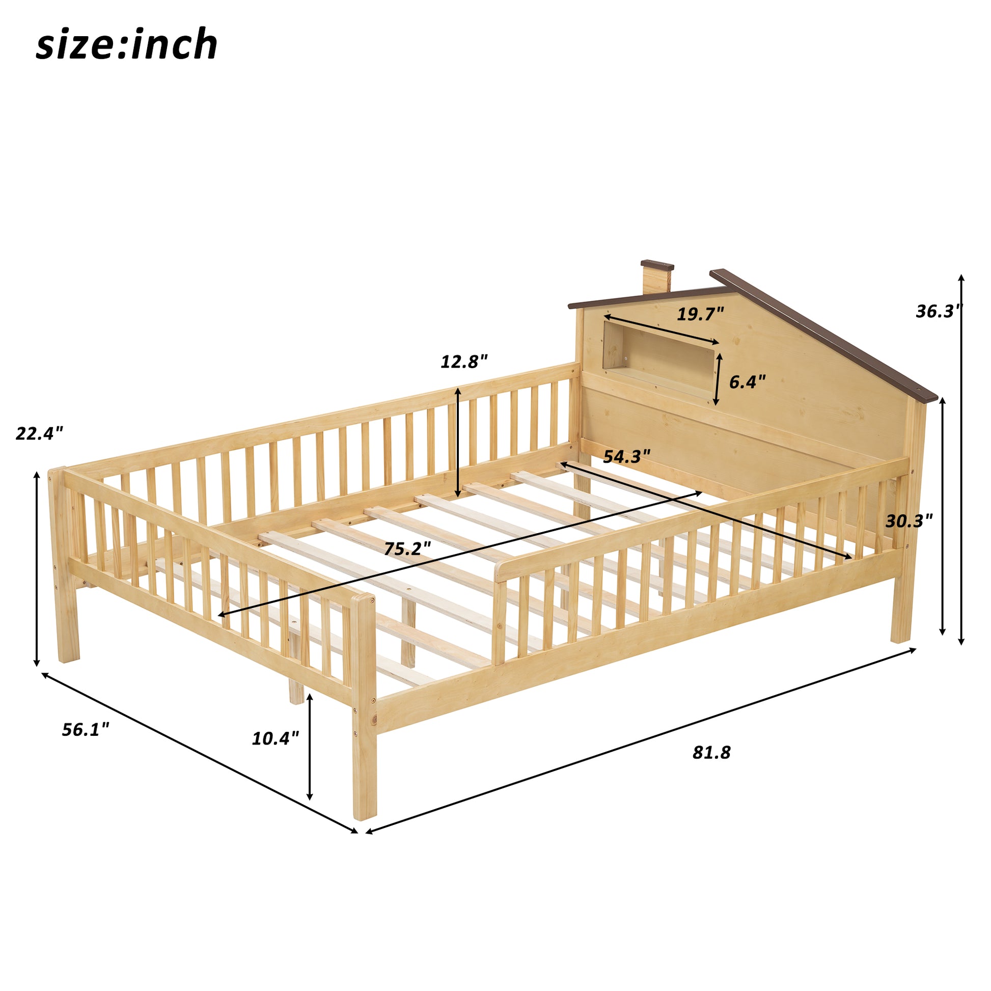 Full Size Wood Platform Bed With House Shaped Headboard, Led And Built In Storage, Natural Box Spring Not Required Full Natural Wood Bedroom Bed Frame Wood