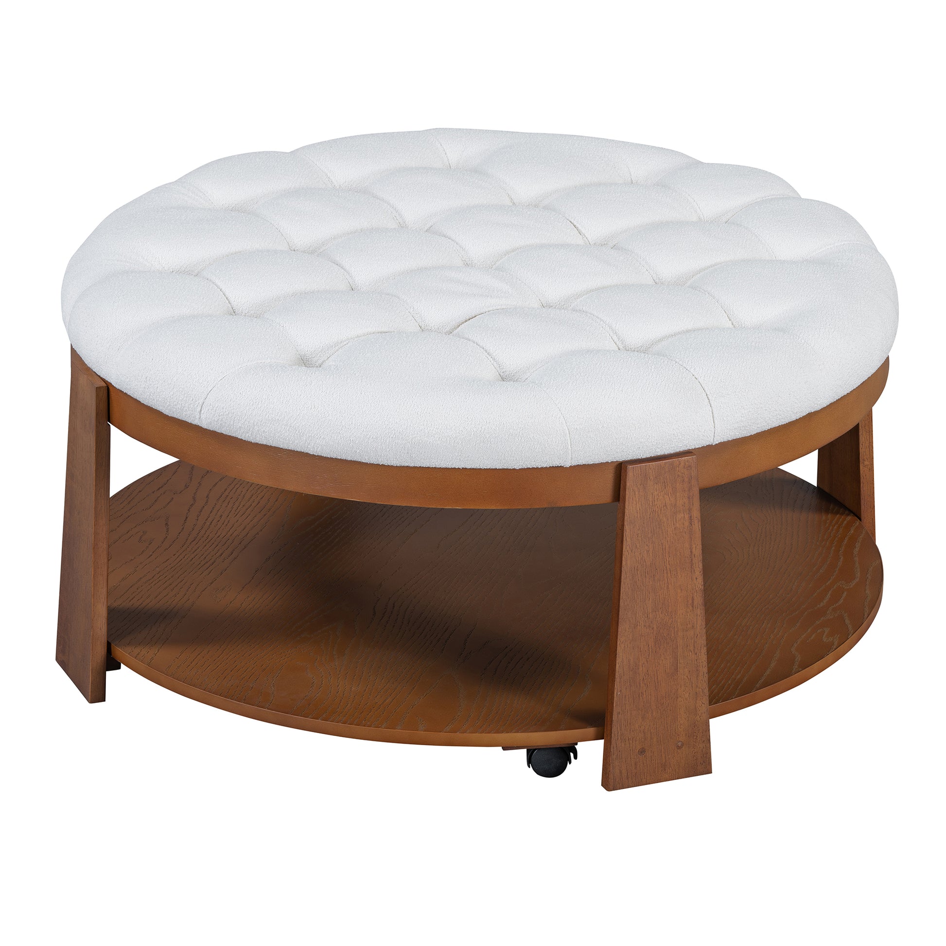 Modern Large Round Ottoman Coffee Table 2 Tier Oversized Button Tufted Ottoman With Wood Shelf Storage Upholstered Coffee Table For Living Room Footrest Ottoman With Wheel, Waterproof Linen Ivory White Rubber Wood