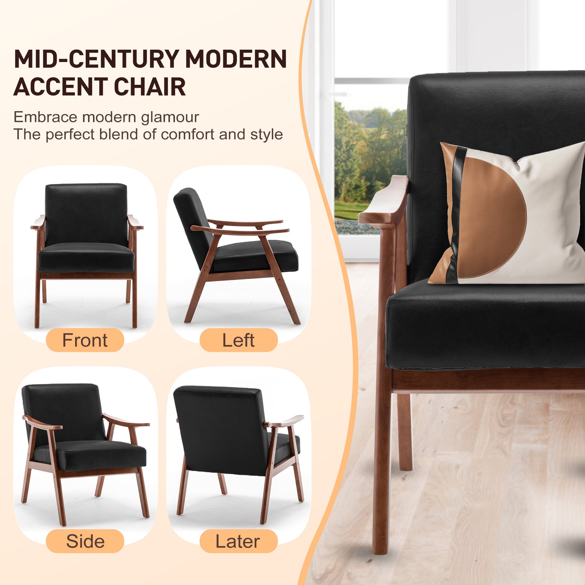 Mid Century Modern Chair, Living Room Chair With Solid Wood Frame, Accent Chair Extra Thick Backrest, Wingback Chair For Bedroom, Reading Room, Living Room, Lounge Chair Indoor Black Pu Primary Living Space Mid Century Modern Foam Pu Leather