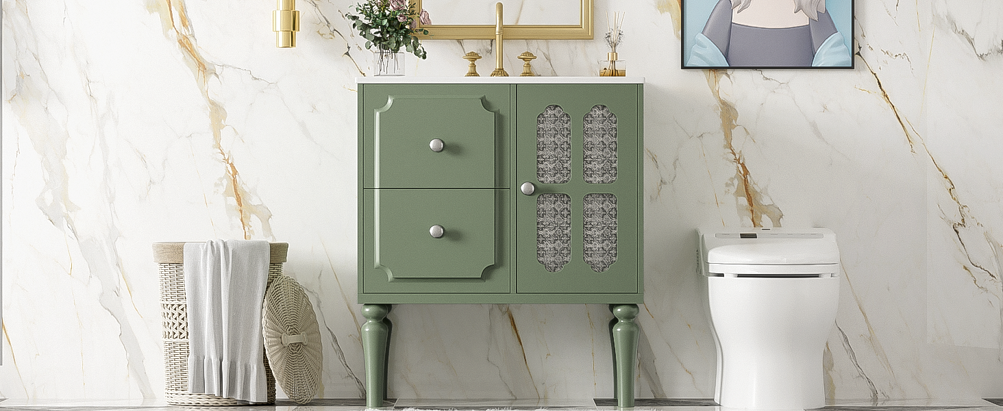 Retro Style 30'' Bathroom Vanity With Resin Sink Combo, Freestanding Single Vanity With 2 Drawers, Solid Wood Frame Bathroom Storage Cabinet, Green Green Bathroom Retro Solid Wood Mdf Resin
