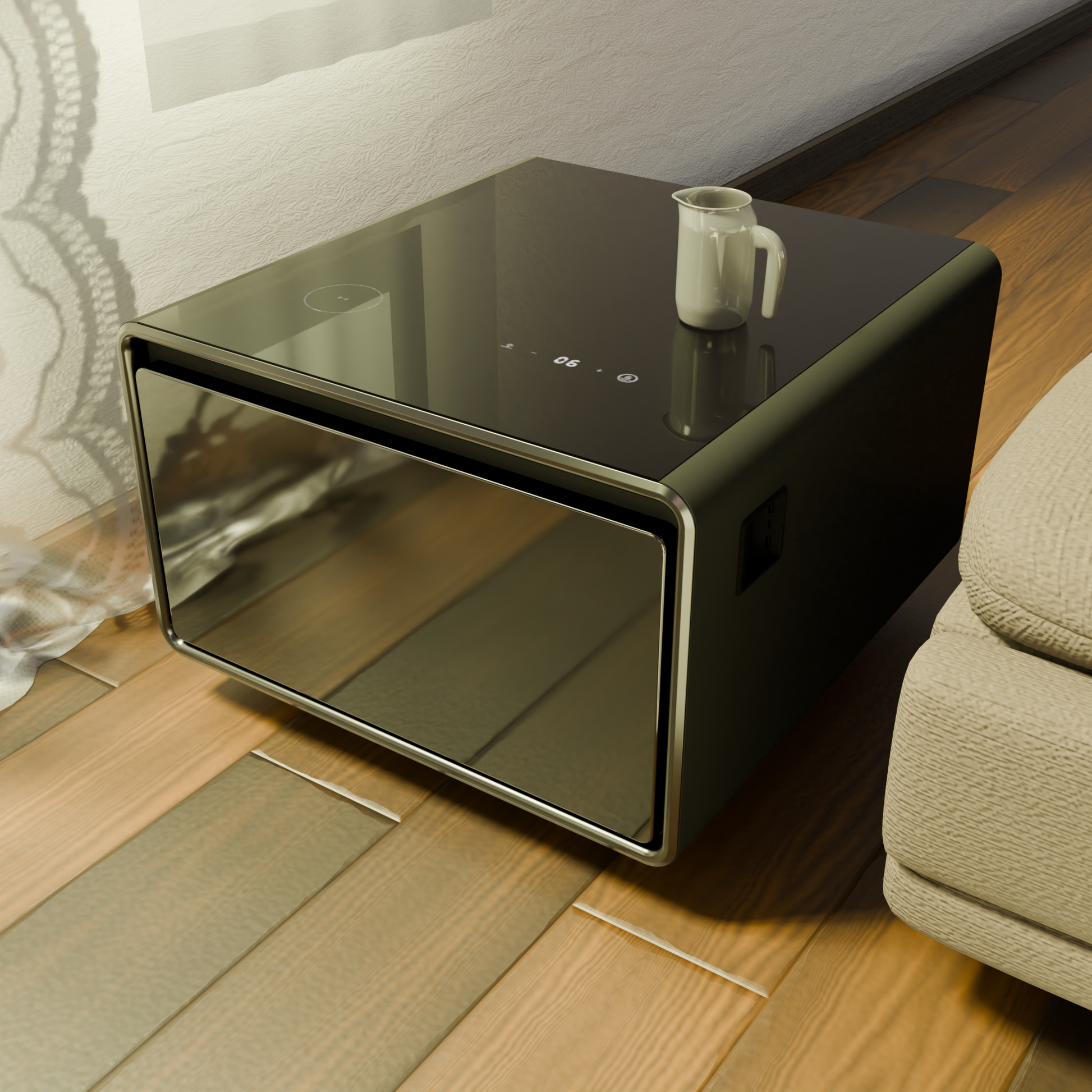 Modern Smart Side Table With Built In Fridge, Wireless Charging, Temperature Control, Power Socket, Usb Ports, Outlet Protection, Induction Light, Black Black Built In Outlets Or Usb Standing Desk Converter Primary Living Space Luxury,Modern Freestanding