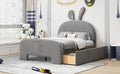 Full Size Velvet Platform Bed With Rabbit Shaped Headboard, With Drawers, With Bed End Storage Pocket, Gray Full Gray Plywood