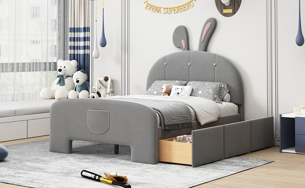 Full Size Velvet Platform Bed With Rabbit Shaped Headboard, With Drawers, With Bed End Storage Pocket, Gray Full Gray Plywood