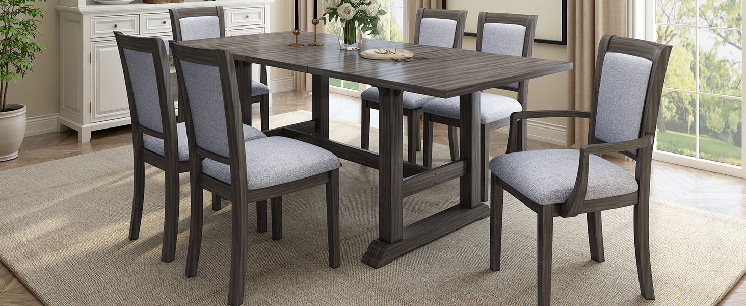 7 Piece Updated 76.9Inch Extendable Trestle Dining Table Set With Removable Leaf, Kitchen Table Set With Upholstered Side Chair And Arm Chair, Set Of 6, Grey Brown Wood Dining Room Solid Wood Rubberwood Rectangular Dining Table With Chair Upholstered