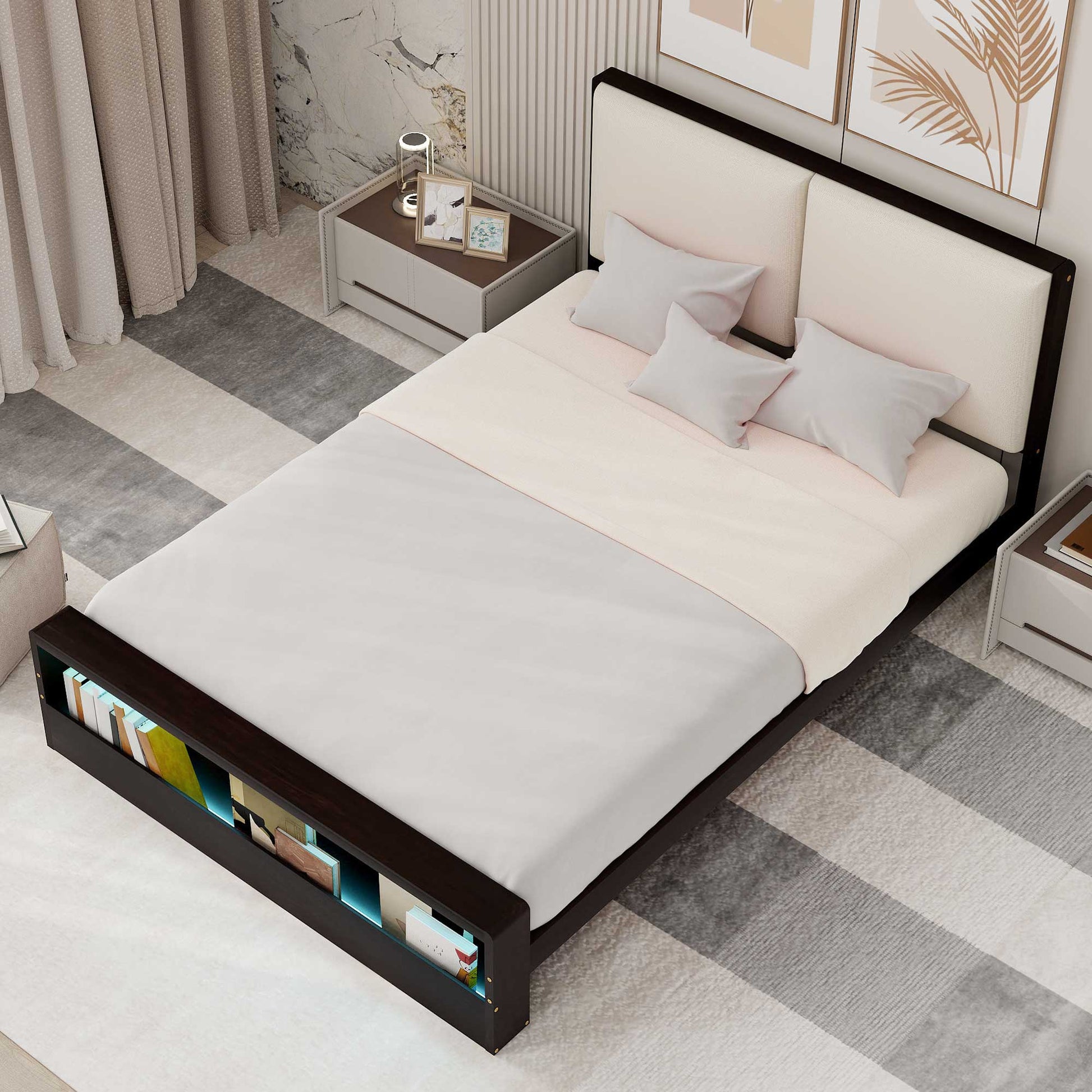 Queen Size Platform Bed Frame With Upholstery Headboard And Bookshelf In Footboard And Led Light Strips, Espresso Queen Espresso Solid Wood Mdf