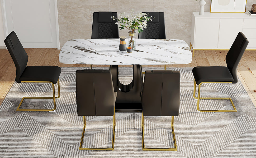 Table And Chair Set, Modern And Minimalist Dining Table, Imitation Marble Patterned Tabletop, Mdf Legs With U Shaped Brackets. Paired With Comfortable Chairs, Suitable For Dining And Living Rooms. Black Gold Mdf Glass