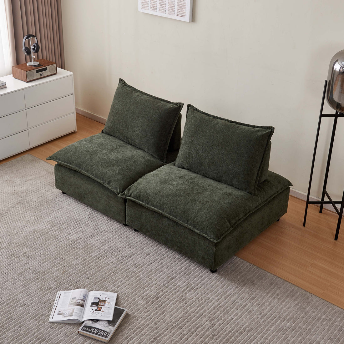 Modern 2 Seater Armless Sofa Couch For Living Room Modular Design, Ultra Soft Chenille Fabric, Easy Assembly, Sturdy Frame, Stylish And Comfortable Perfect For Apartments Green Foam Chenille 2 Seat