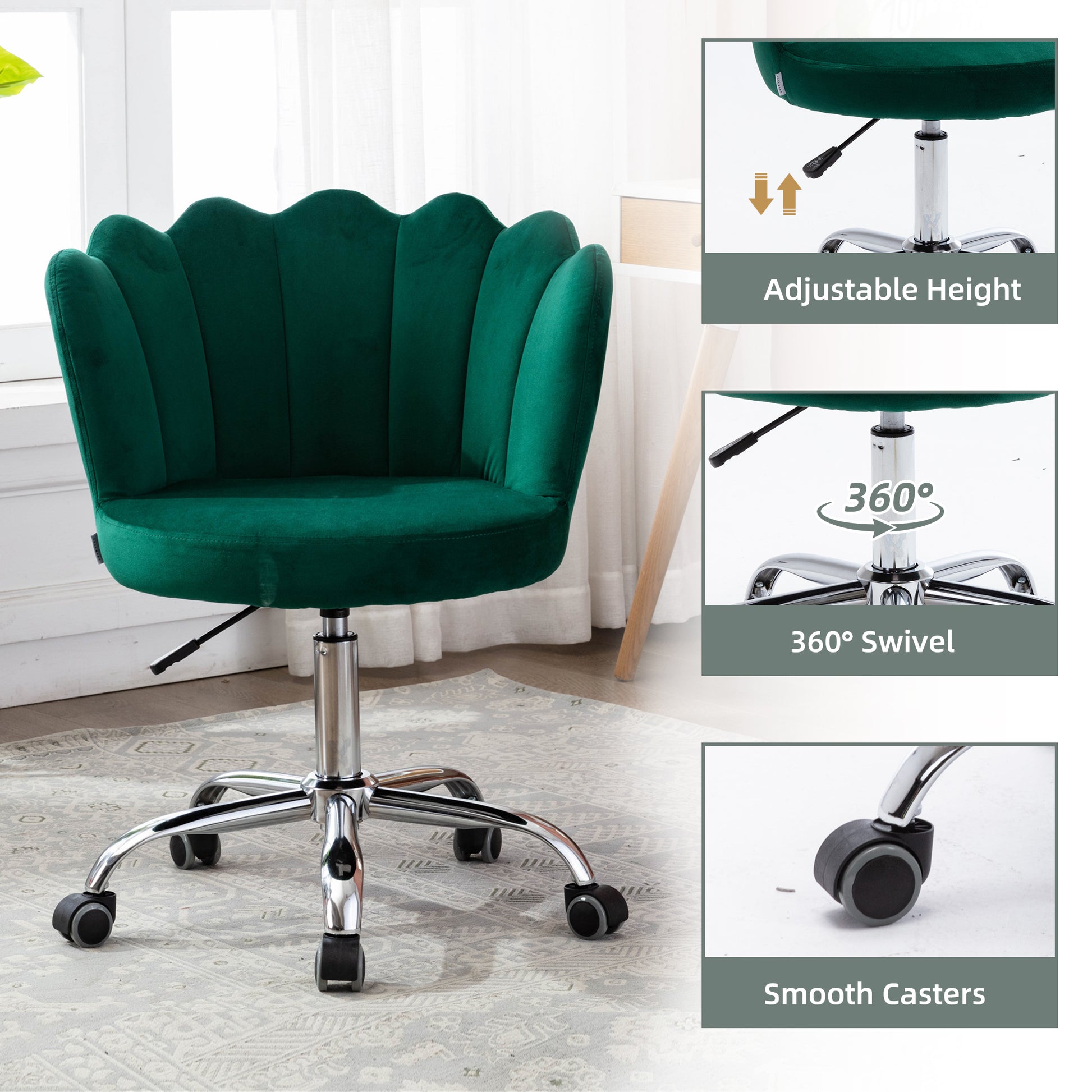 Coolmore Velvet Home Office Chair With Silver Base, Modern Cute Shell Back Upholstered Desk Chair For Vanity, Adjustable Swivel Task Chair For Office Green Velvet Green Foam Metal