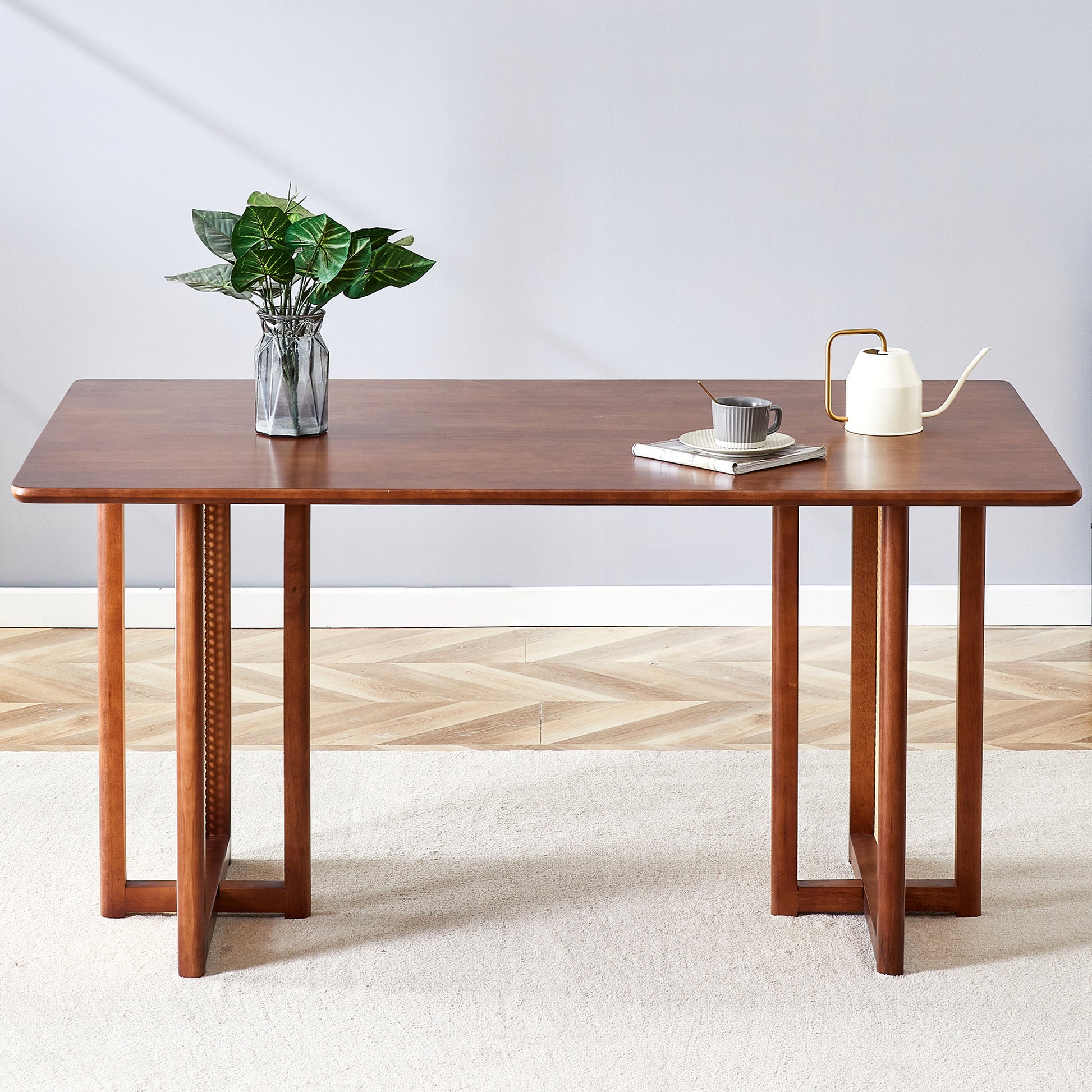 Chinese Country Retro Solid Wood Dining Table, Simple Modern Imitation Rattan Dining Table, Wooden Dining Table, Desk. Suitable For Dining Room, Living Room, Office Walnut Rubber Wood