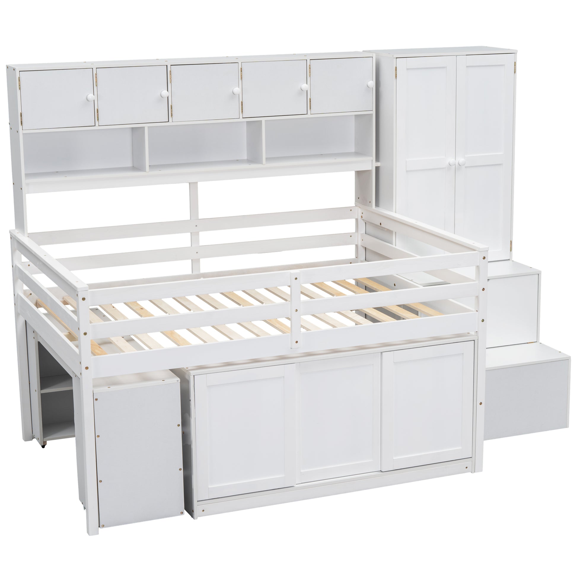 Full Size Wooden Loft Bed Big Storage With Under Bed Desk, With Drawers, With Shelves, White Full White Plywood