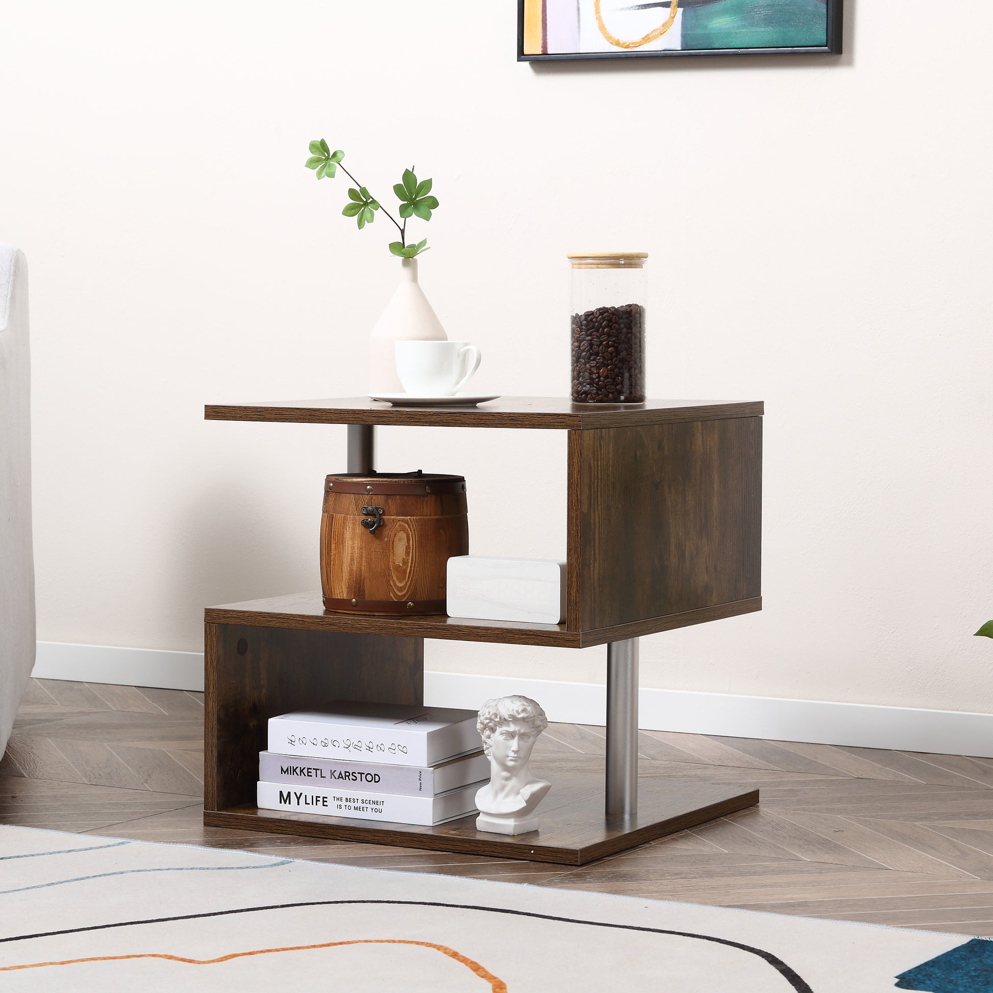 Homcom 20" Modern End Table, Accent Side Table, S Shaped Coffee Table With Storage Shelf And Steel Poles, Rustic Brown Rustic Brown Particle Board