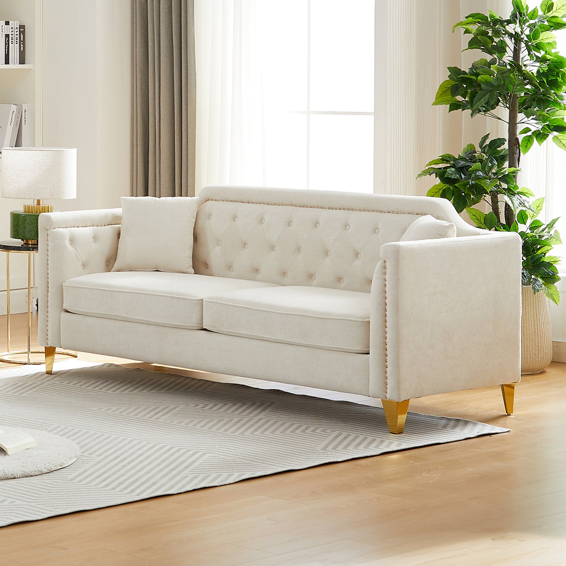 Fx 81"Mid Century Design Modern Sofa,Chenille Pull Buckle Design Sofa For Living Room,Buttons Tufted With Copper Nail Decoration Armrest, With 2 Pillows,Modern Couch Upholstered Button And Metal Leg Beige Chenille Pine Foam Fabric 3 Seat