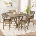 5Pcs Set Counter Table Set Square Counter Table Solid Wood Modern Farmhouse Rustic Look Distressed Look Light Brown Dining Room Fixed Table Rubberwood Square Dining Table With Chair Wood Grayish Brown Ladder Back Seats 4 48 Inches American