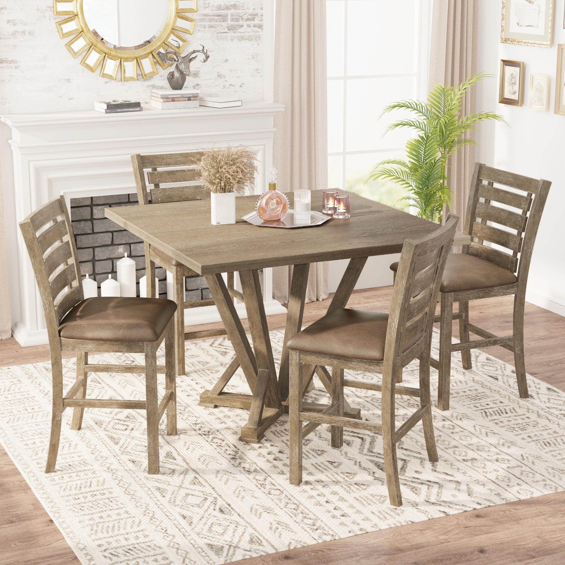 5Pcs Set Counter Table Set Square Counter Table Solid Wood Modern Farmhouse Rustic Look Distressed Look Light Brown Dining Room Fixed Table Rubberwood Square Dining Table With Chair Wood Grayish Brown Ladder Back Seats 4 48 Inches American