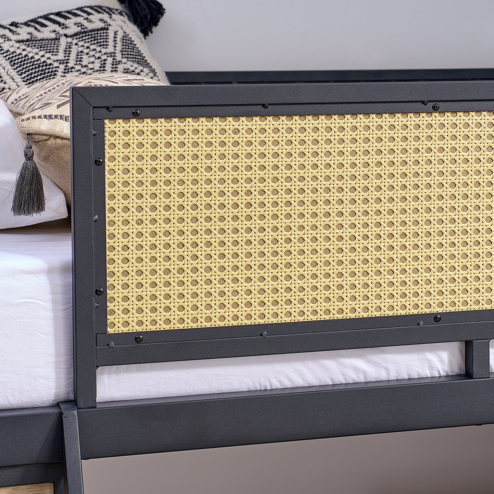 Single Metal Loft Bed With Rectangular Desk, Led Lights, Led Loft Bed Frame Double Bed With Storage Shelves And Hanging Storage Compartments, Safety Guard And Ladder, No Box Springs Required, Rattan G Twin Black Natural Mdf Iron