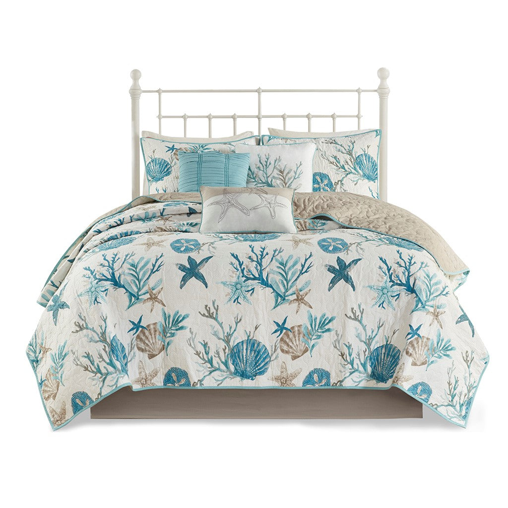 6 Piece Cotton Sateen Quilt Set With Throw Pillows Aqua King Cal King King Aqua Cotton