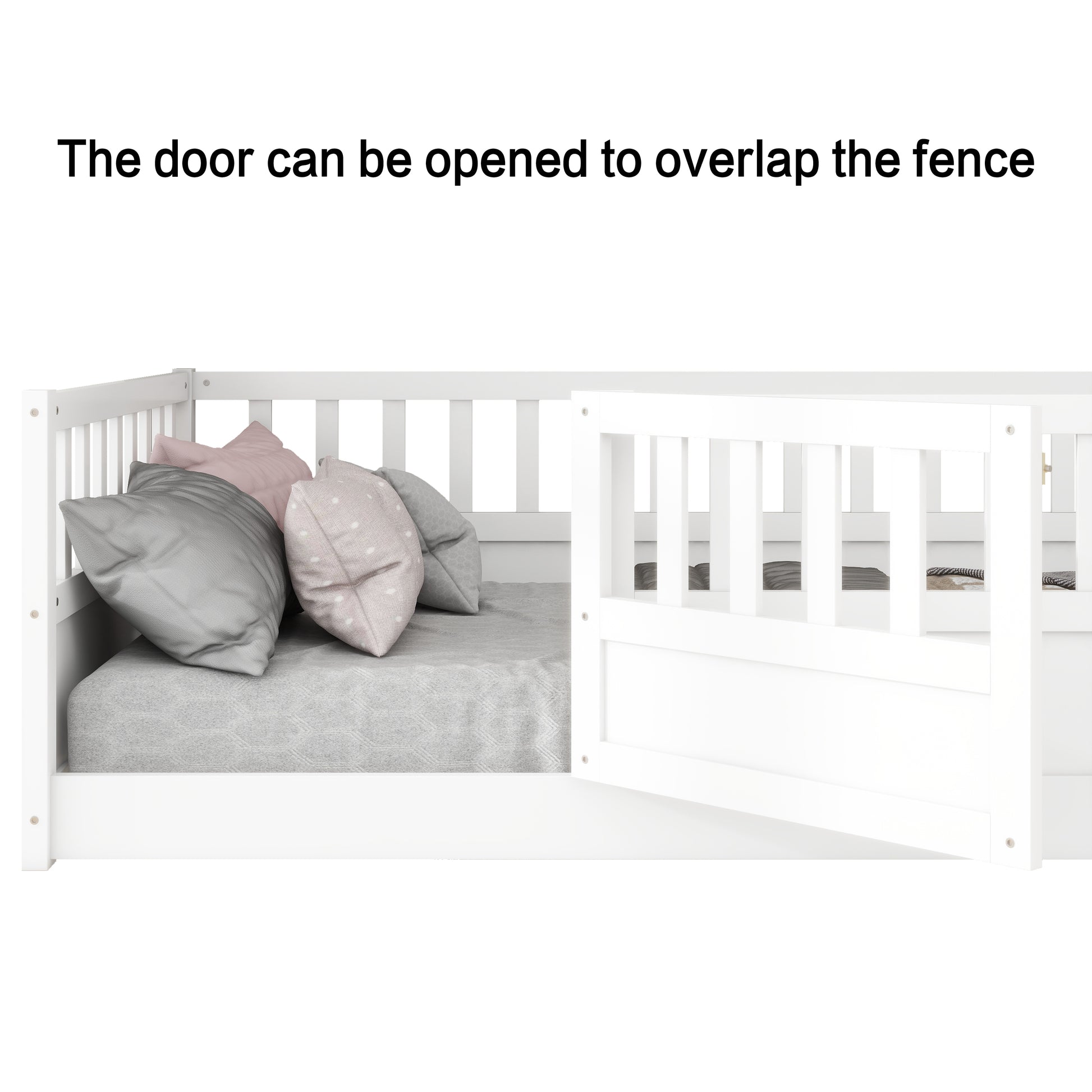 Full Size Floor Bed, Integral Construction With Super High Security Barrier, Door, Children'S Floor Bed Frame, Montessori Wooden Children'S Floor Bed, Support Slat White Box Spring Required Full